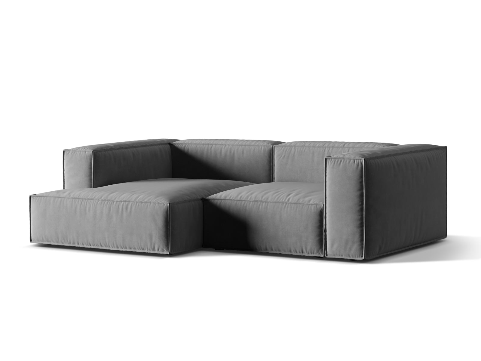 Elegantes Nuria Velour Ecksofa in Grau, linksseitig, 3-Sitzer, ideal für stilvolle Wohnräume, erhältlich bei KAQTU Design AG.