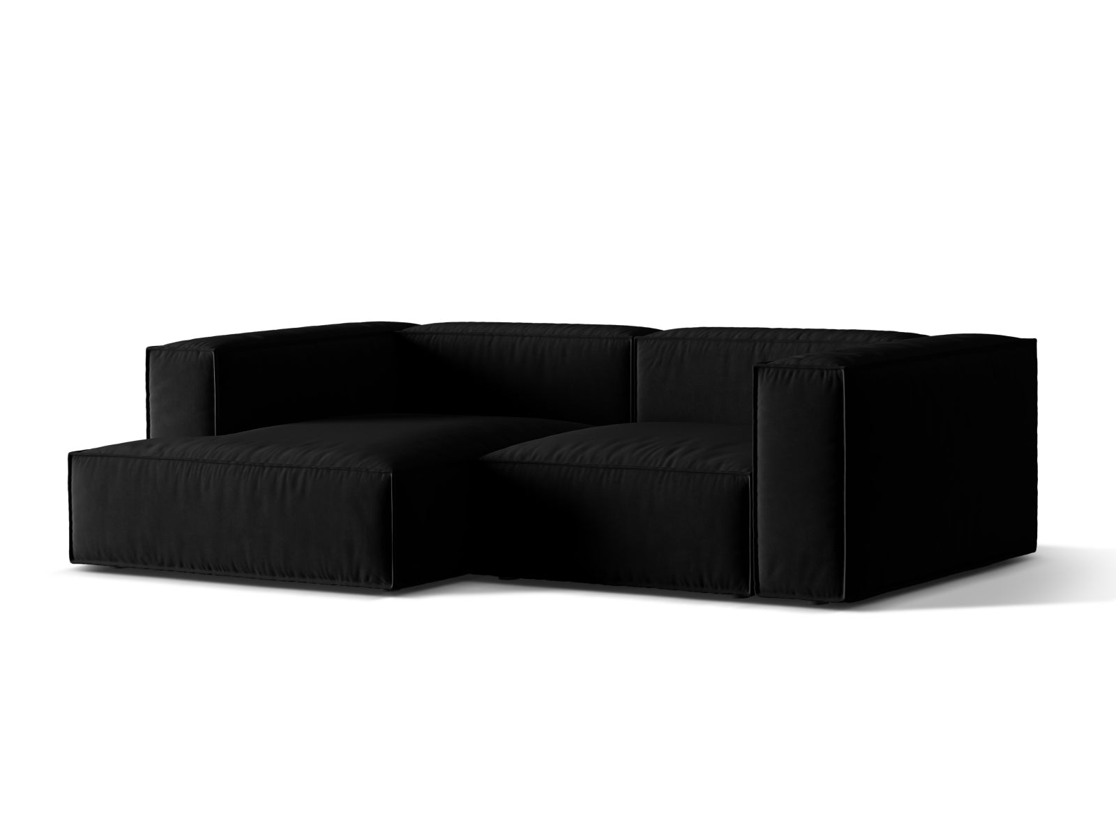 Elegantes Nuria Velour Ecksofa in Schwarz, modular und linksseitig, ideal für stilvolle Wohnräume. Hochwertige Verarbeitung von Micadoni.