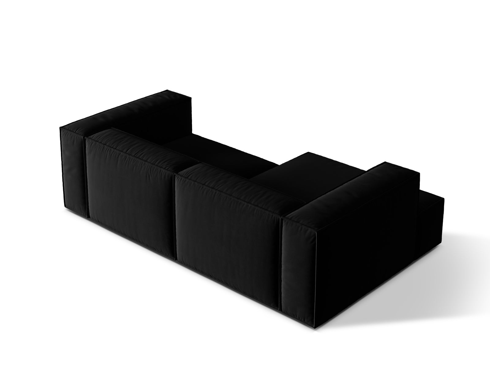 Elegantes Nuria Velour Ecksofa in Schwarz, linksseitig, ideal für stilvolle Wohnräume. Hochwertige Verarbeitung und modernes Design von Micadoni.