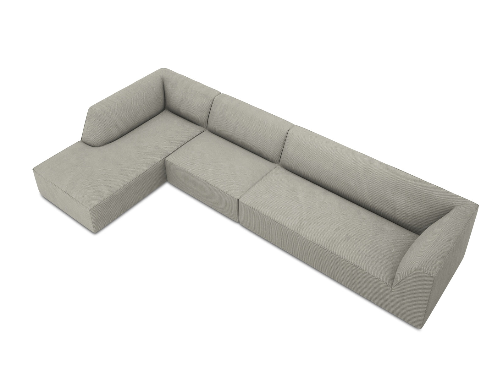 Stylisches Ruby Ecksofa links, 5-Sitzer, in sanften Grautönen, ideal für moderne Wohnkonzepte und gemütliche Entspannungsecken.
