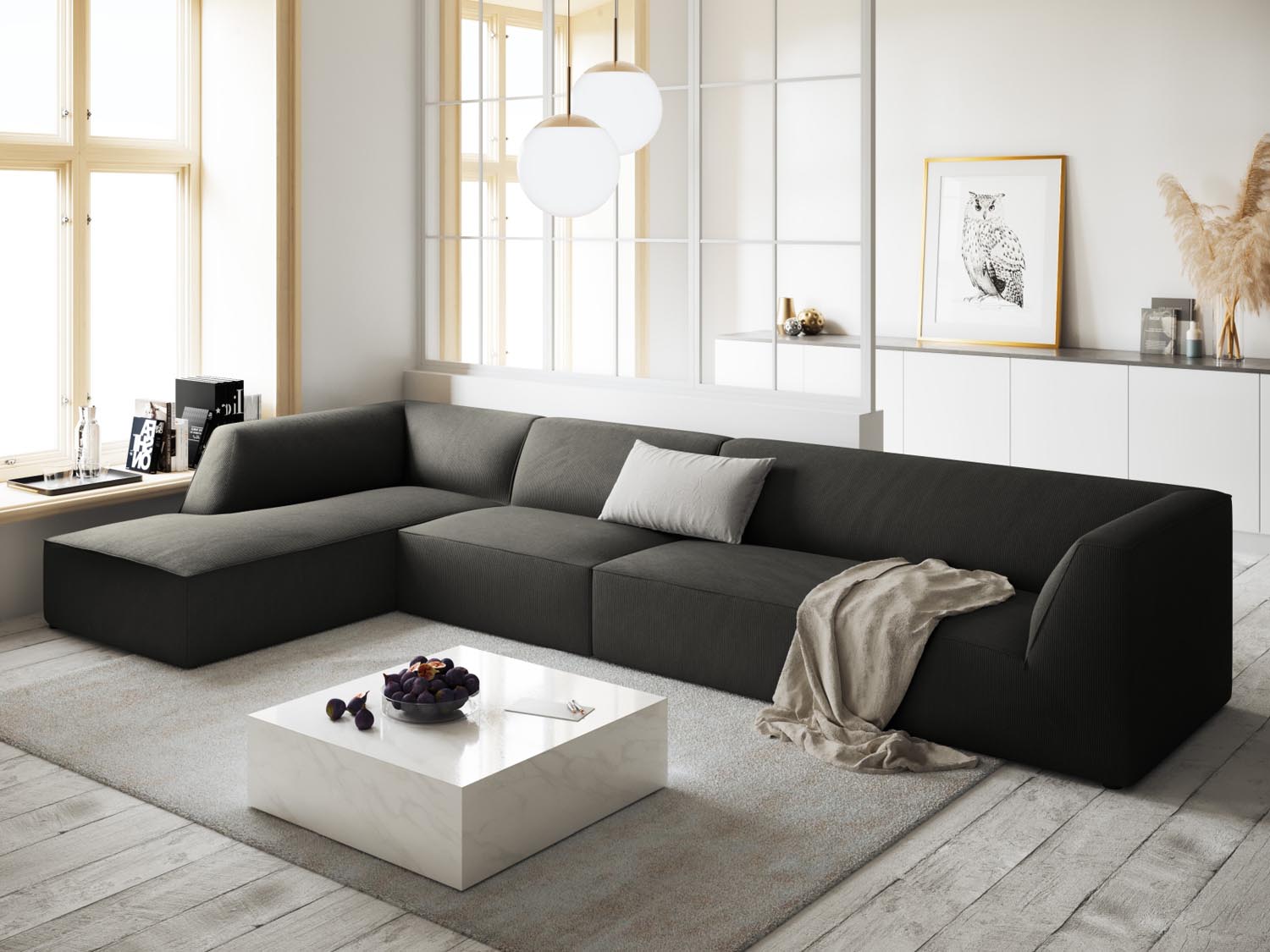Stylisches Ruby Ecksofa in Dunkelgrau, 5-Sitzer, ideal für moderne Wohnräume, präsentiert in einem eleganten Ambiente.
