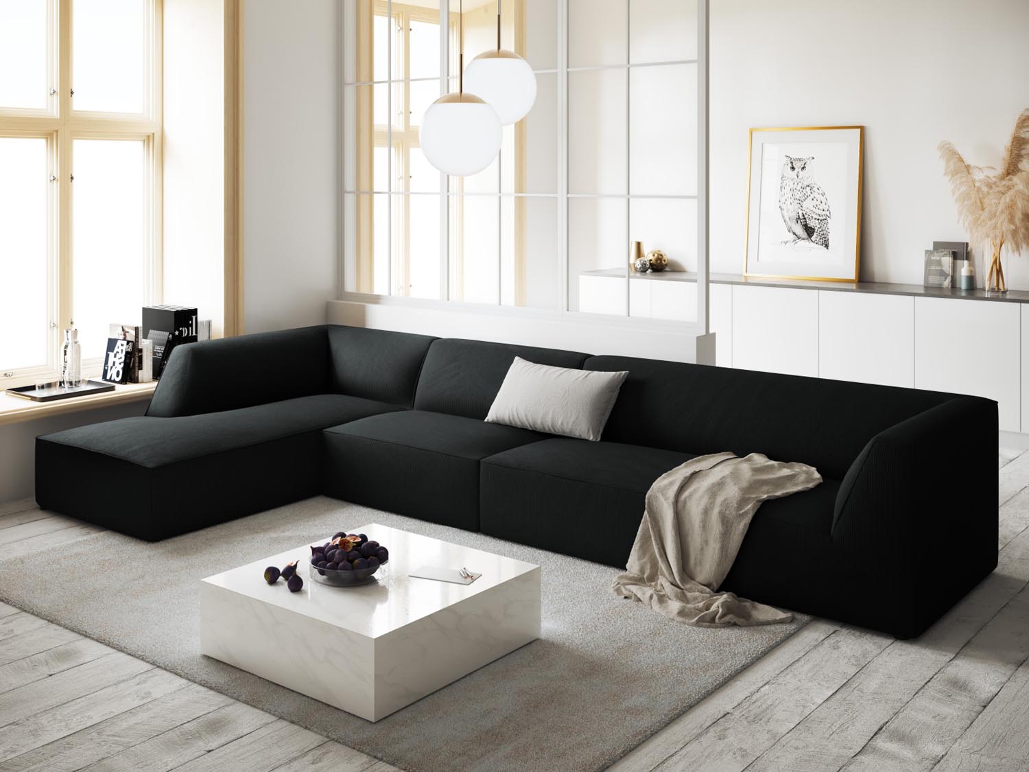 Stylisches Ruby Ecksofa links, 5-Sitzer, modulares Design von Micadoni, ideal für moderne Wohnräume, in elegantem Schwarz.