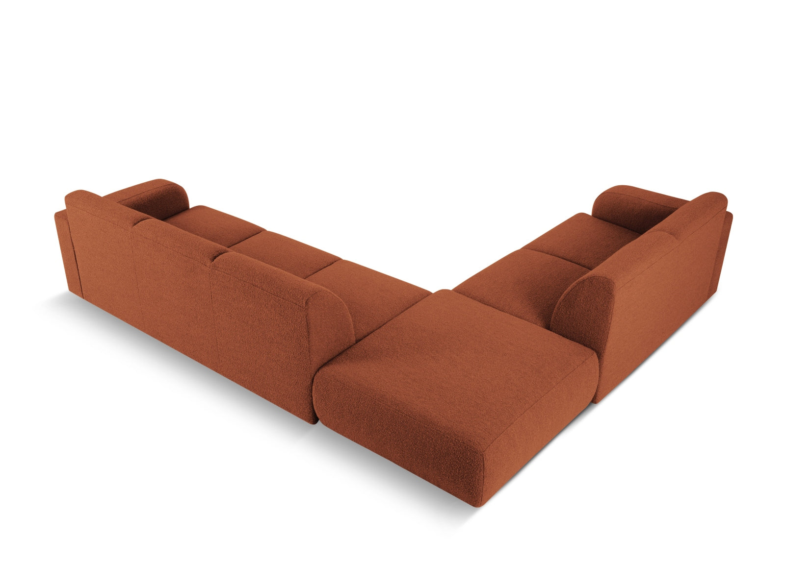 Modernes Molino Boucle Ecksofa links für 6 Personen in sanftem Terracotta, perfekt für gemütliche und stilvolle Wohnzimmer.