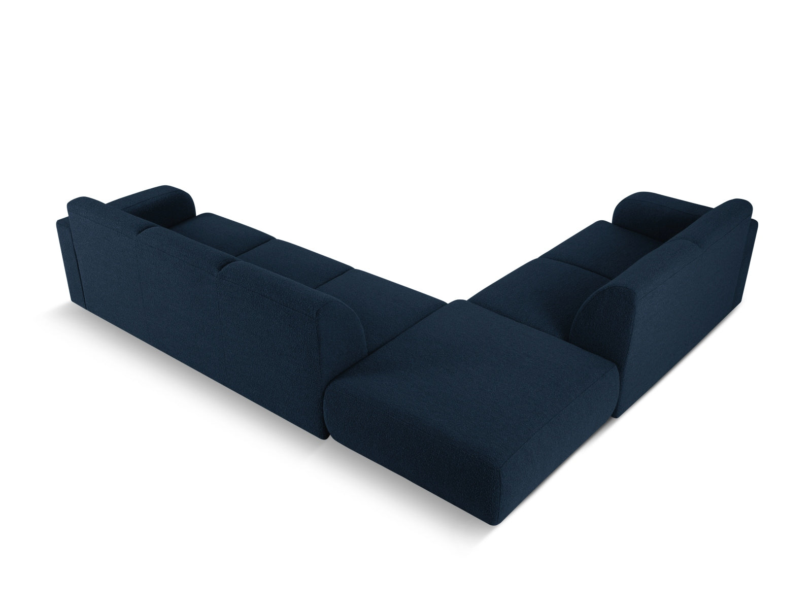 Modernes und geräumiges Molino Boucle Ecksofa links für 6 Personen in tiefem Blau, perfekt für stilvolle Wohnzimmer und gesellige Abende.