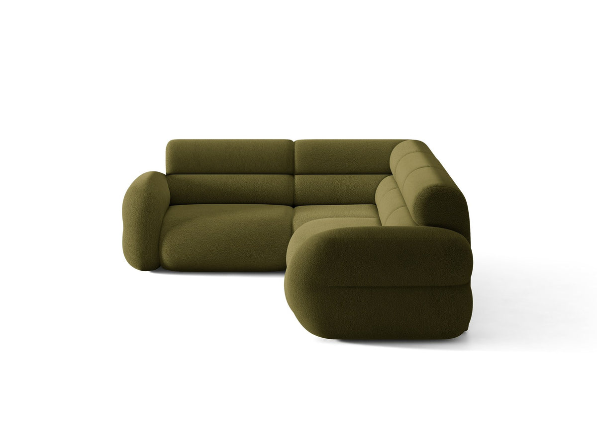Micadoni Neo Linkes Ecksofa in Dunklem Olivgrün, L-Sofa links mit tiefer Sitzfläche, hoher Rückenlehne und schwarzen Kunststoffbeinen.