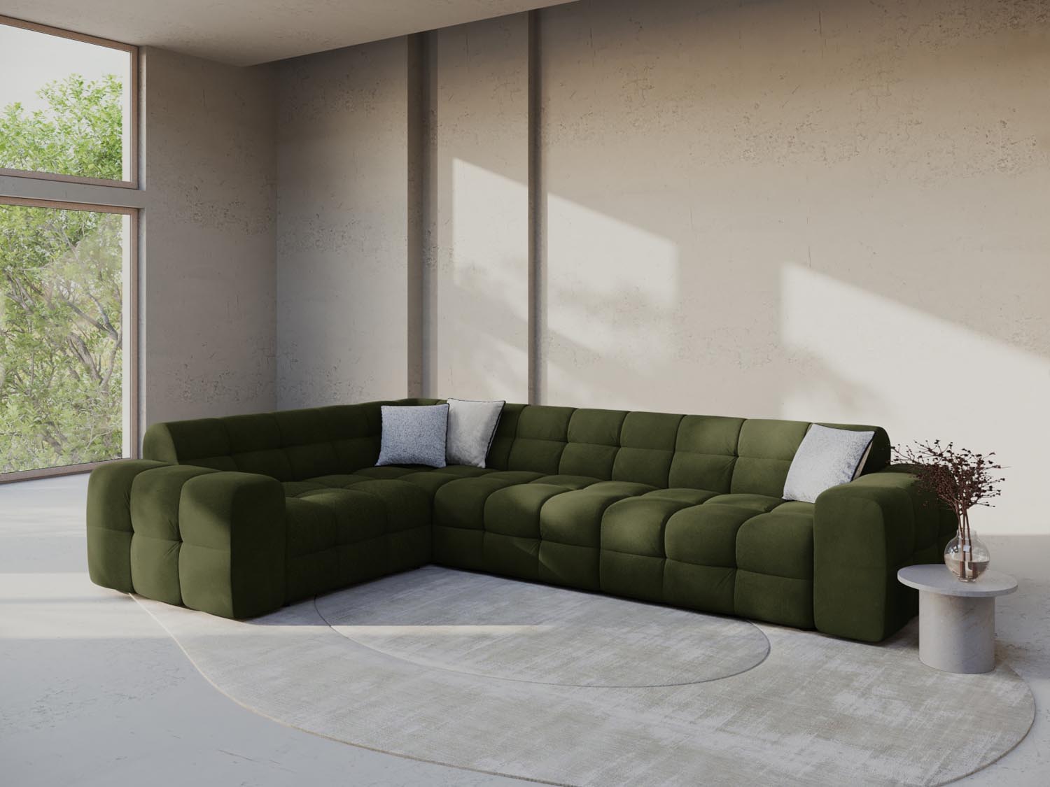 Elegantes Kendal Velour Ecksofa in Army Green, 6-Sitzer, linksseitig, stilvoll und komfortabel, ideal für moderne Wohnräume.