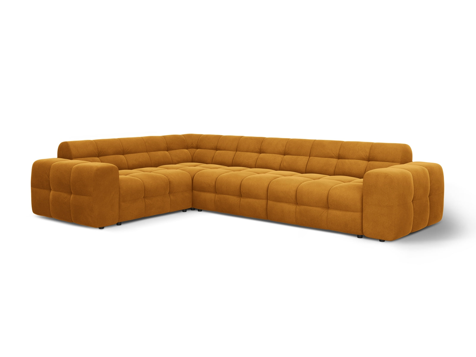 Stilvolles Kendal Velour Ecksofa in Senfgelb, großzügiges 6-Sitzer Modell von Micadoni, perfekt für moderne Wohnzimmer.