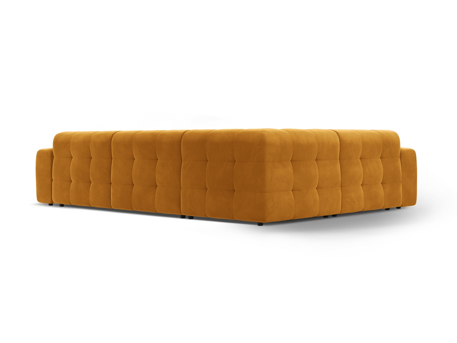 Elegantes Kendal Velour Ecksofa in warmem Senfgelb, großzügiges 6-Sitzer Design von Micadoni, ideal für stilvolle Wohnräume.