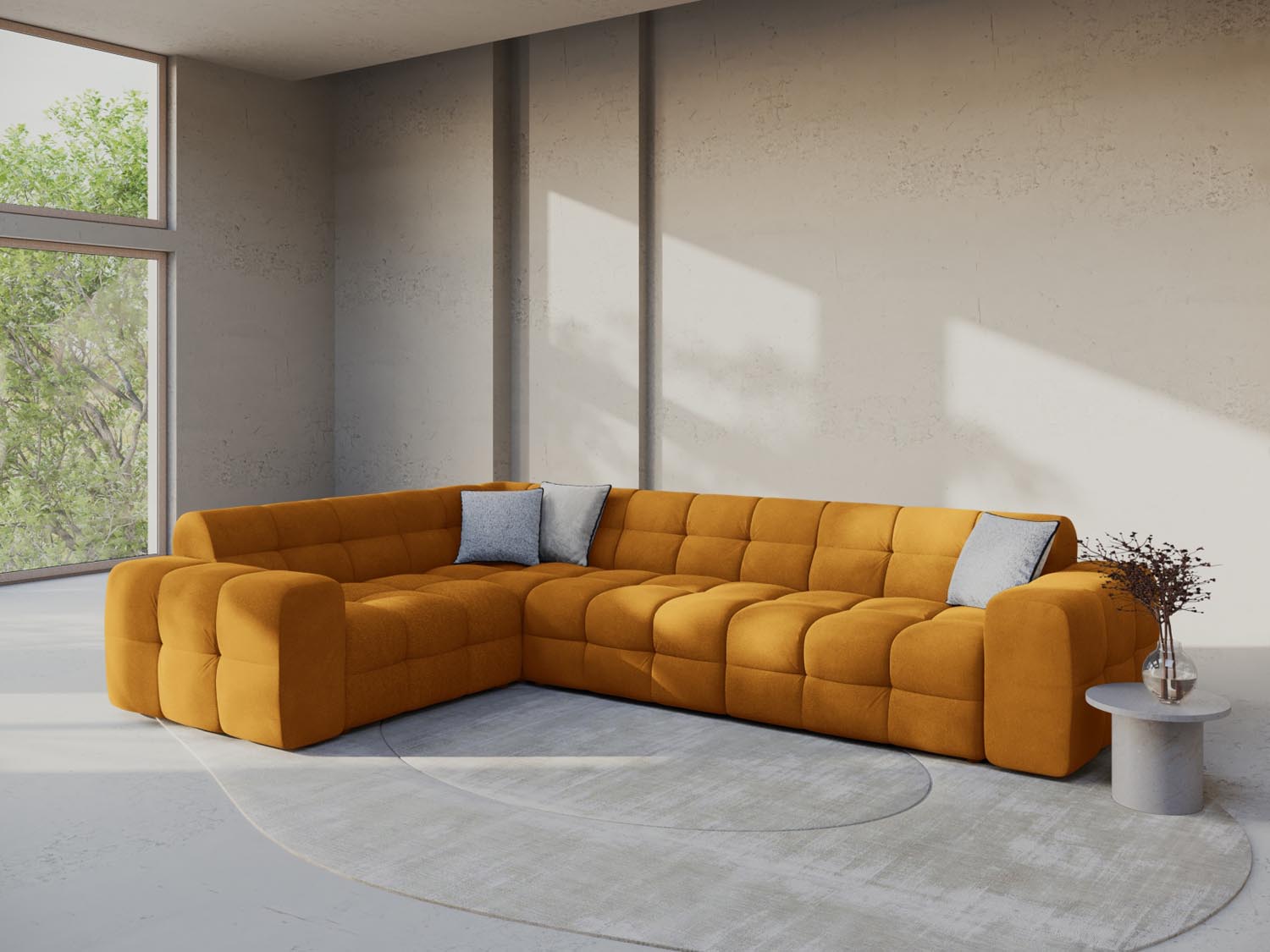 Elegantes Kendal Velour Ecksofa in Mustard, ideal für stilvolle Wohnräume. Komfortables 6-Sitzer Design von Micadoni.