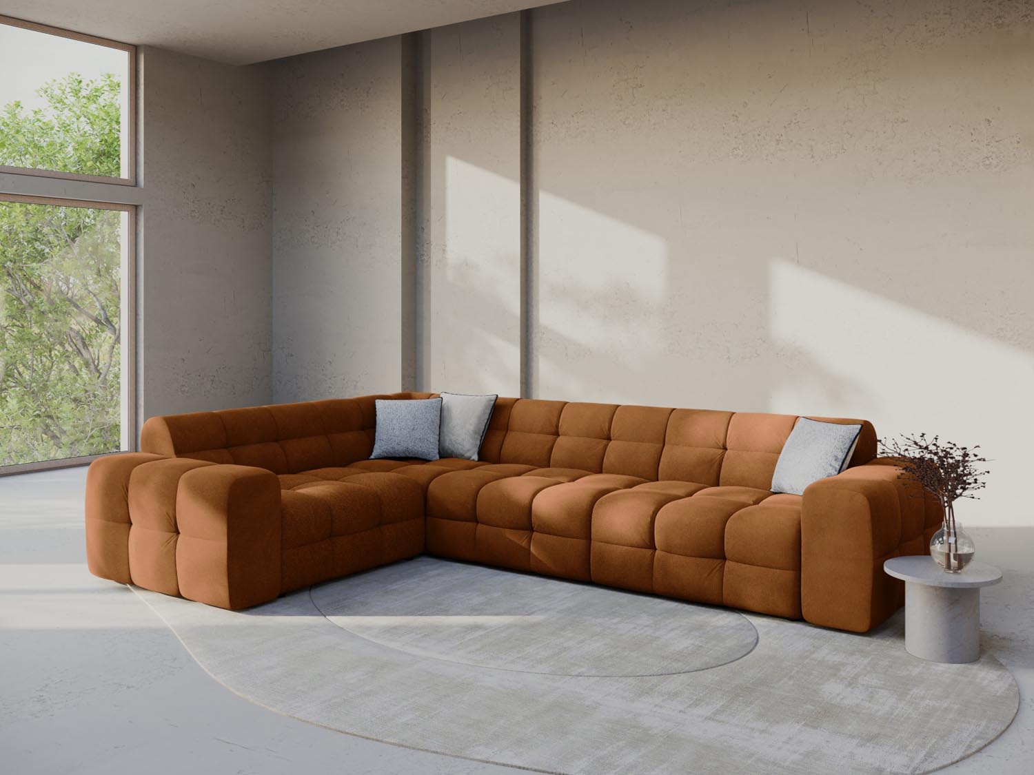 Elegantes Kendal Velour Ecksofa in Camel, 6-Sitzer, linksseitig, ideal für stilvolle Wohnräume, präsentiert von Micadoni.