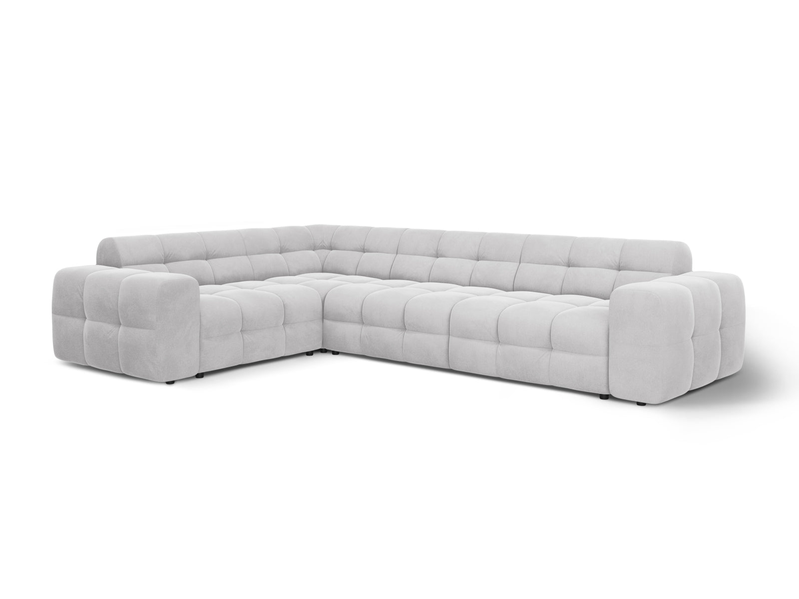 Modernes Kendal Velour Ecksofa in sanftem Hellgrau, perfekt für großzügige Wohnzimmer. 6-Sitzer von Micadoni für höchsten Komfort.