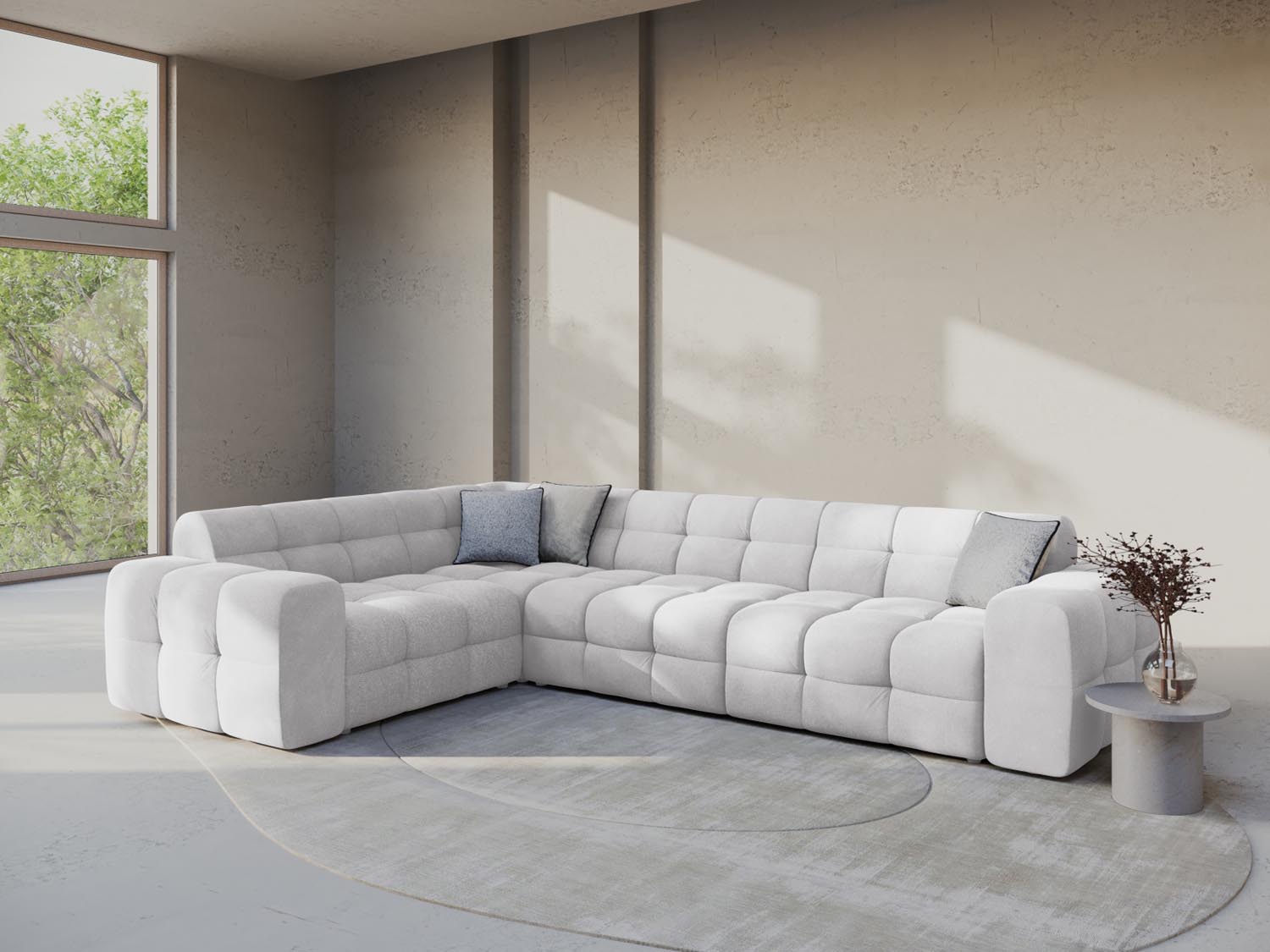 Elegantes Kendal Velour Ecksofa in Hellgrau, ideal für stilvolle Wohnräume. Komfortables 6-Sitzer Design von Micadoni.