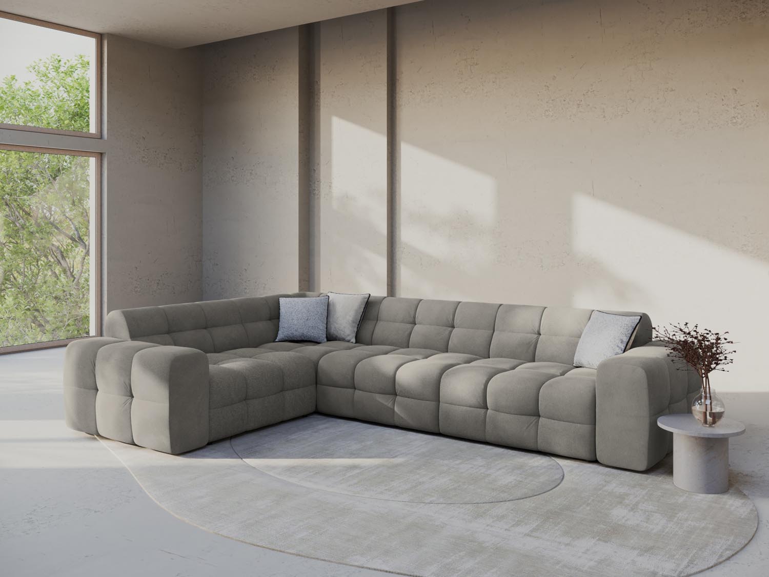 Erleben Sie das Kendal Velour Ecksofa 6 Sitzer von Micadoni – elegantes Design, viel Platz und höchsten Komfort für Ihr Wohnzimmer.