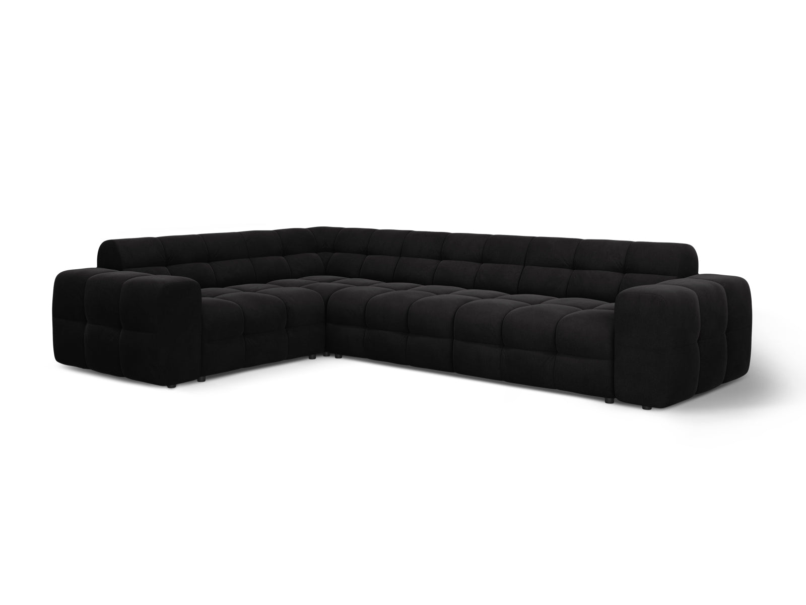 Luxuriöses Kendal Velour Ecksofa in edlem Schwarz, perfekt für großzügige Wohnzimmer. 6-Sitzer von Micadoni vereint Stil und Komfort.