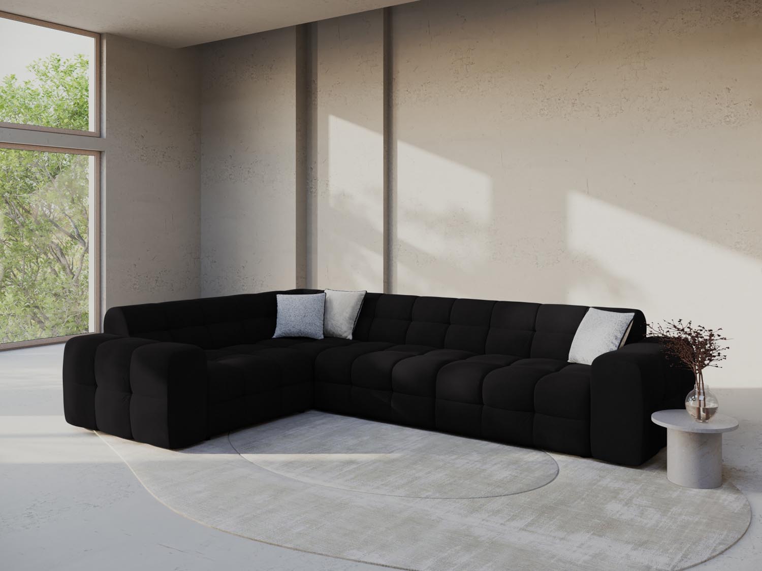 Erleben Sie das Kendal Velour Ecksofa 6 Sitzer von Micadoni – elegantes Design, viel Platz und höchsten Komfort für Ihr Wohnzimmer.
