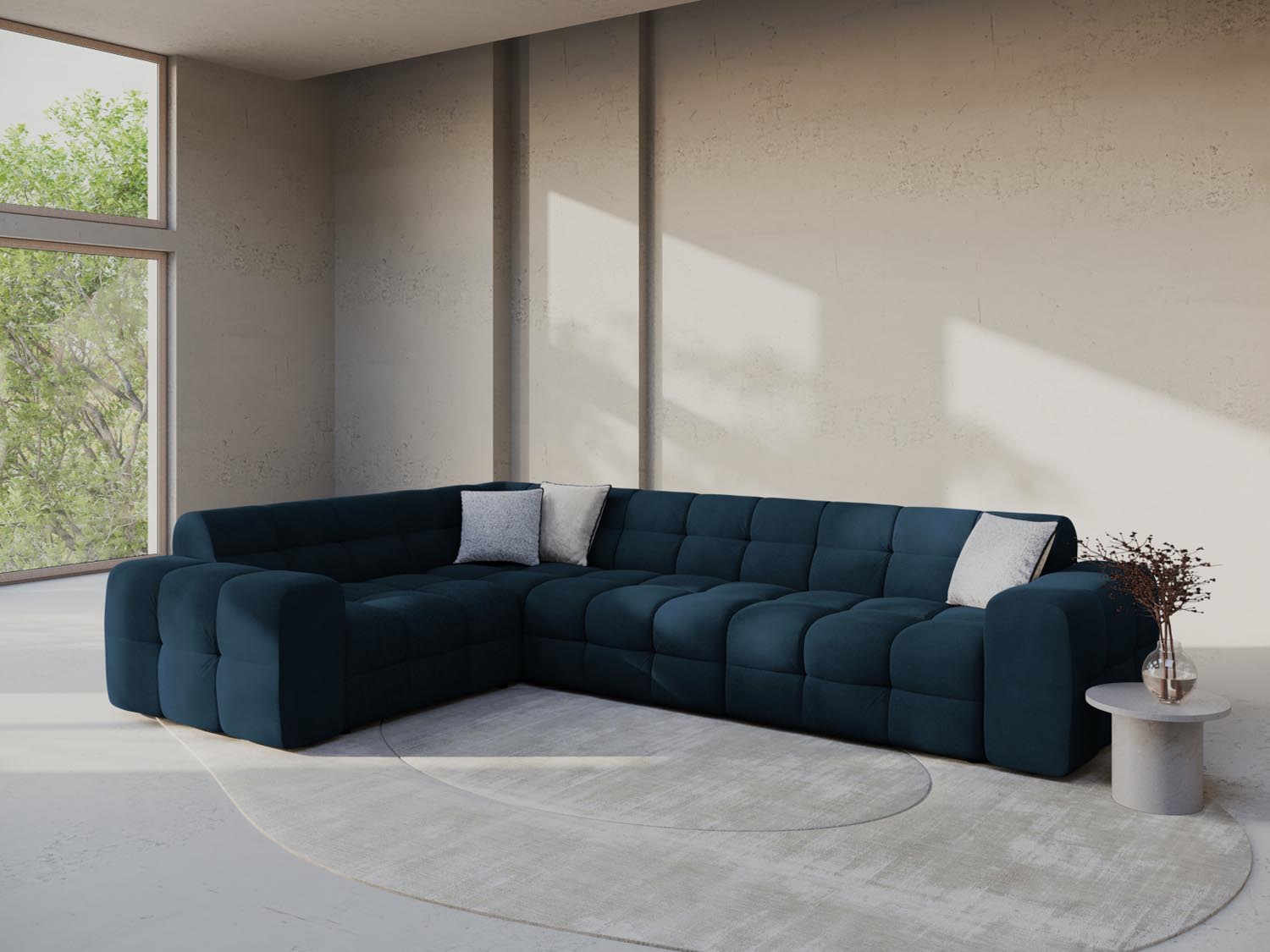 Erleben Sie das Kendal Velour Ecksofa 6 Sitzer von Micadoni – elegantes Design, viel Platz und höchsten Komfort für Ihr Wohnzimmer.