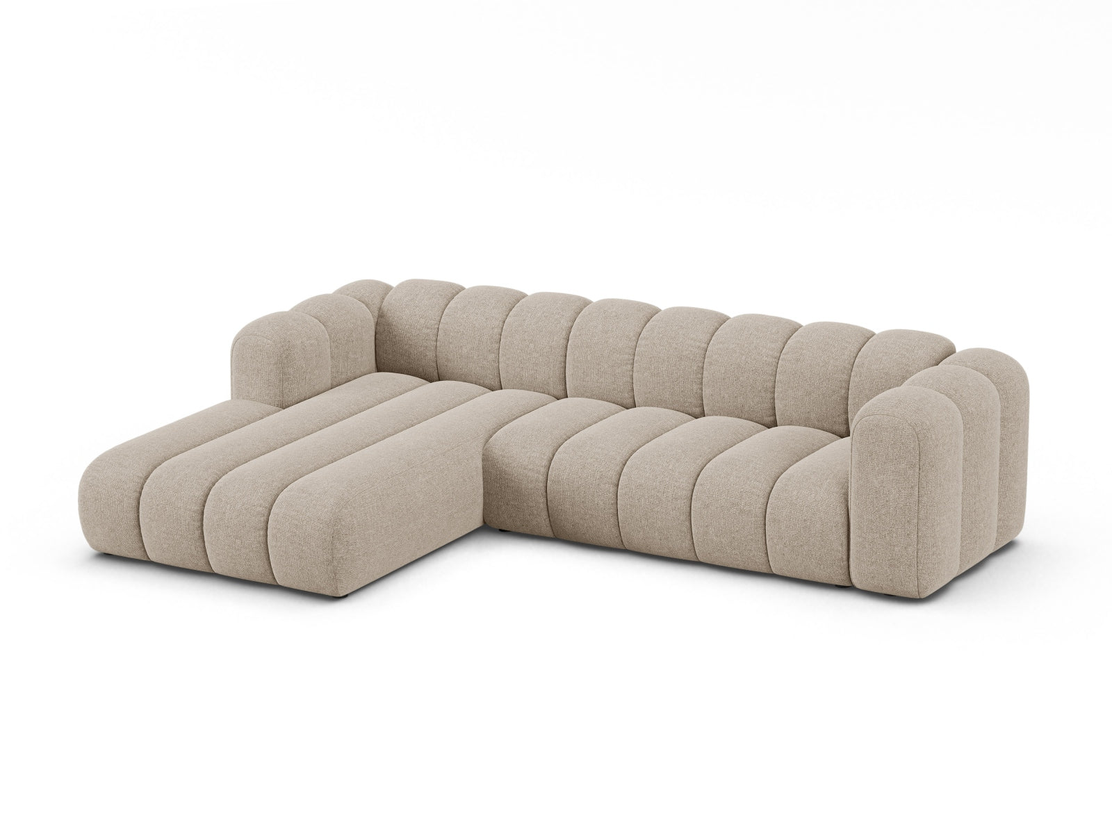 Stilvolles, modulares 4-Sitzer Ecksofa links von Micadoni in sanftem Dunkelbeige, perfekt für entspannte Stunden und zeitgemäße Einrichtung.