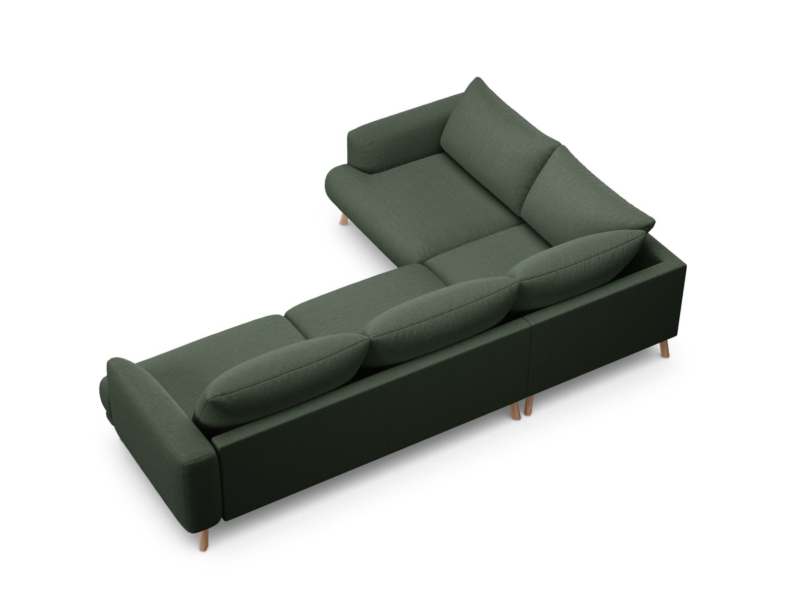 Modernes 4-Sitzer Ecksofa links Naomi in ansprechendem Moss Green, ideal für komfortable Entspannung und stilvolle Einrichtung.