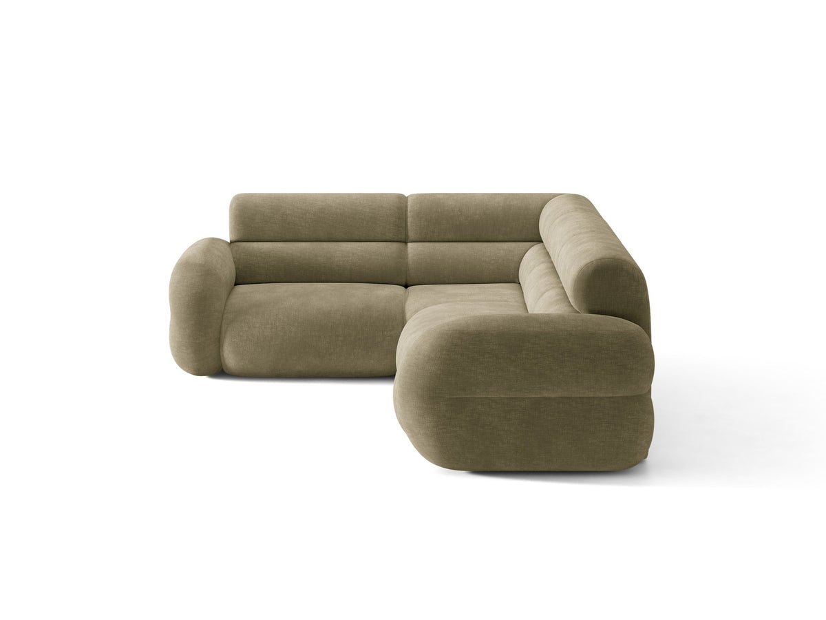 Micadoni Neo Linkes Ecksofa in Dunklem Olivgrün, L-Sofa links mit tiefer Sitzfläche, hoher Rückenlehne und schwarzen Kunststoffbeinen.