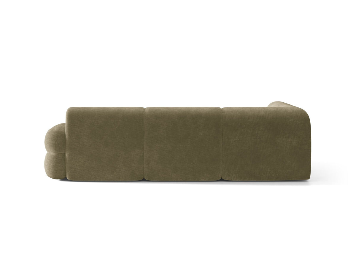 Micadoni Neo Linkes Ecksofa in Dunklem Olivgrün, L-Sofa links mit tiefer Sitzfläche, hoher Rückenlehne und schwarzen Kunststoffbeinen.