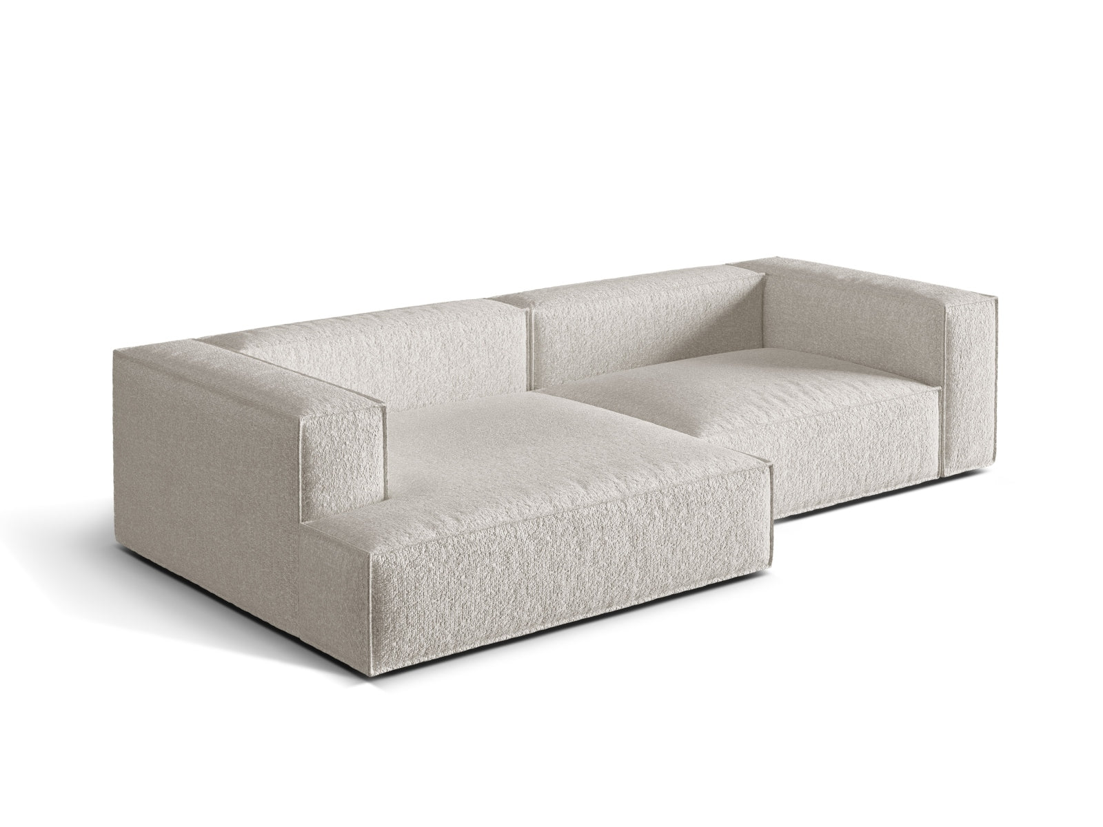 Elegantes, modulares Ecksofa Nuria Boucle in Grau-Beige, linksseitig, bietet Platz für 4 Personen und passt perfekt in zeitgemäße Wohnkonzepte.