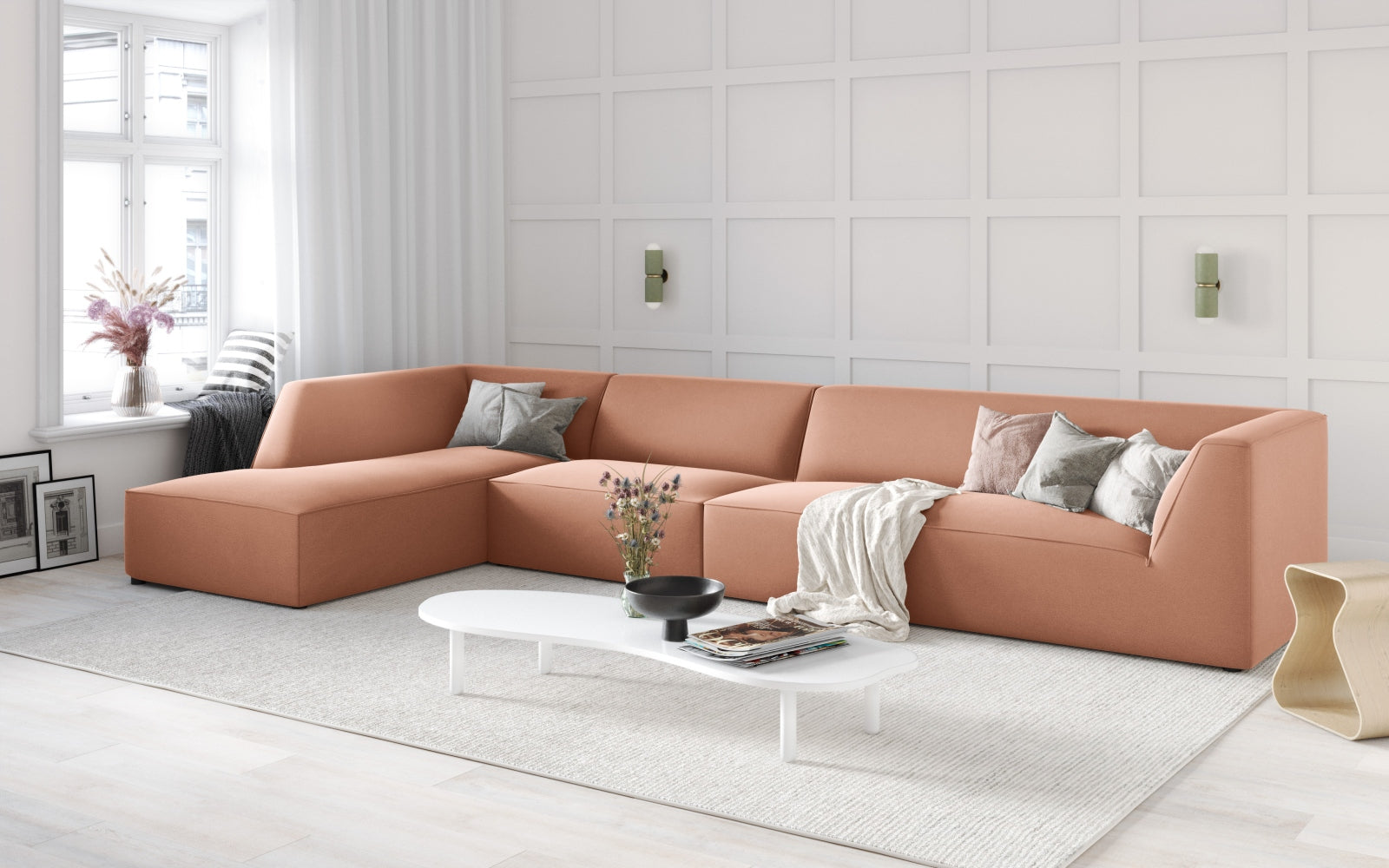 Elegantes Ruby Velour Ecksofa in Pink-Salvador, modulares Design, ideal für stilvolle Wohnräume, präsentiert von Micadoni.