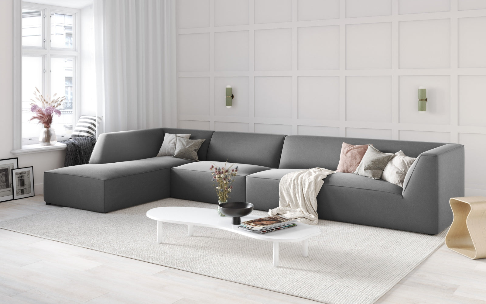 Entdecken Sie das stilvolle Ruby Velour Ecksofa links von Micadoni – ein 5-Sitzer, der Komfort und Eleganz in Ihr Zuhause bringt.