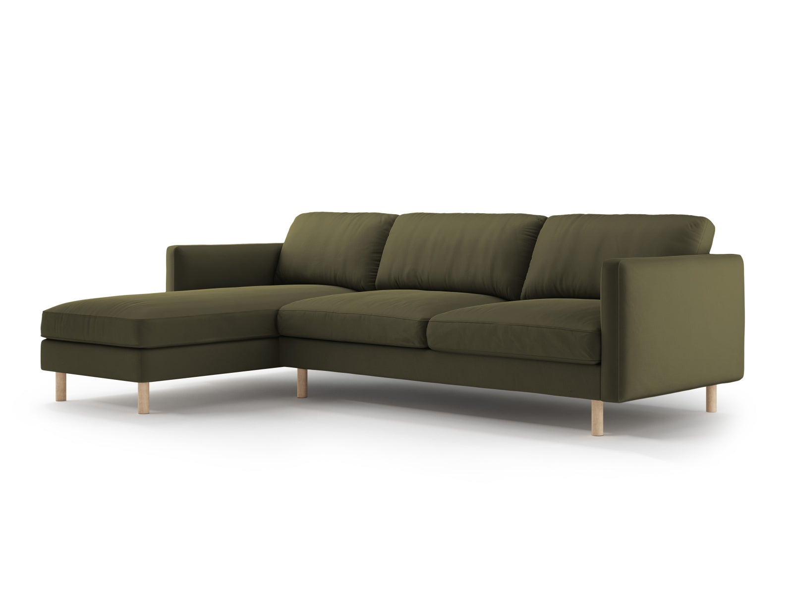 Elegantes Eden Velour links Ecksofa in Moss Green Melange, ideal für stilvolle Wohnräume. Komfortables 4-Sitzer Design von Micadoni.