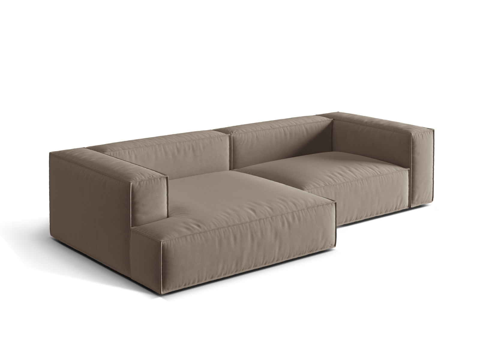 Modulares Nuria Velour Ecksofa in sanftem Warm Grey, linksseitig, bietet hohen Komfort und stilvolles Design für jeden Wohnraum.