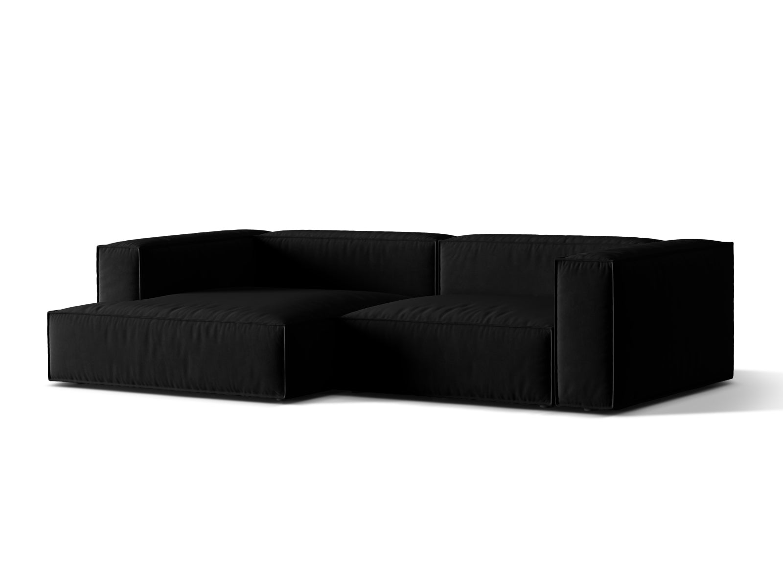 Elegantes Nuria Velour Ecksofa in Schwarz, modular und linksseitig, ideal für stilvolle Wohnräume. 4-Sitzer von Micadoni.