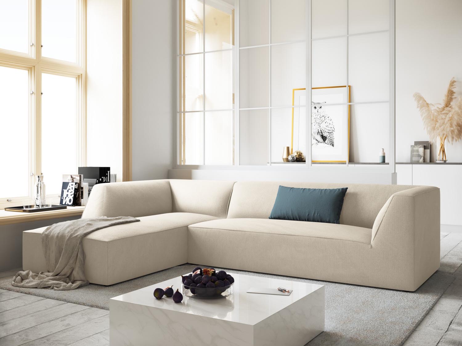 Stylisches Ruby Ecksofa links in sanftem Beige, ideal für moderne Wohnräume. Komfortables 4-Sitzer Design von Micadoni.