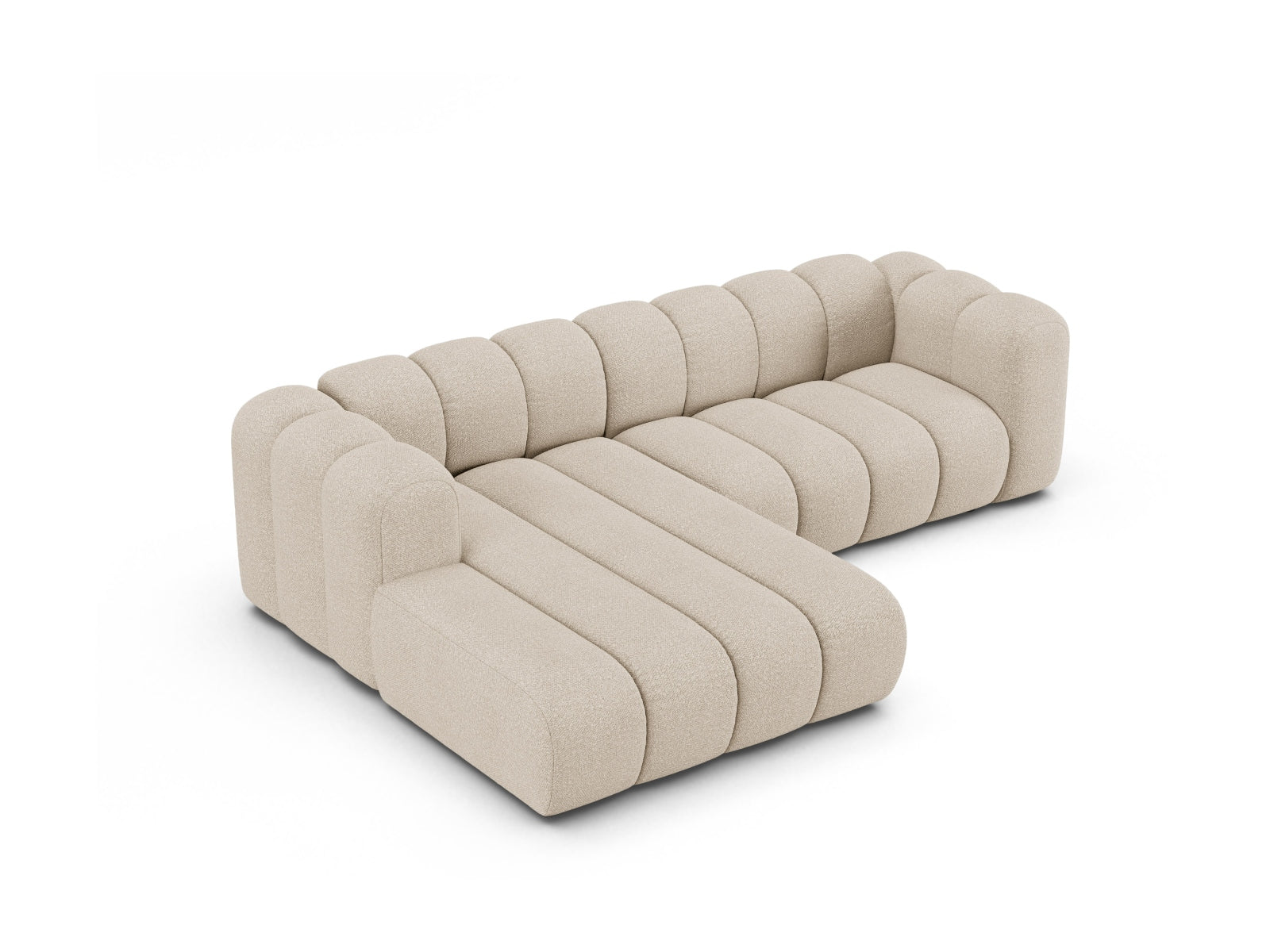 Beiges, modernes 4-Sitzer Ecksofa von Micadoni, linksseitig, aus hochwertigem Boucle-Stoff, ideal für stilvolle Wohnräume.