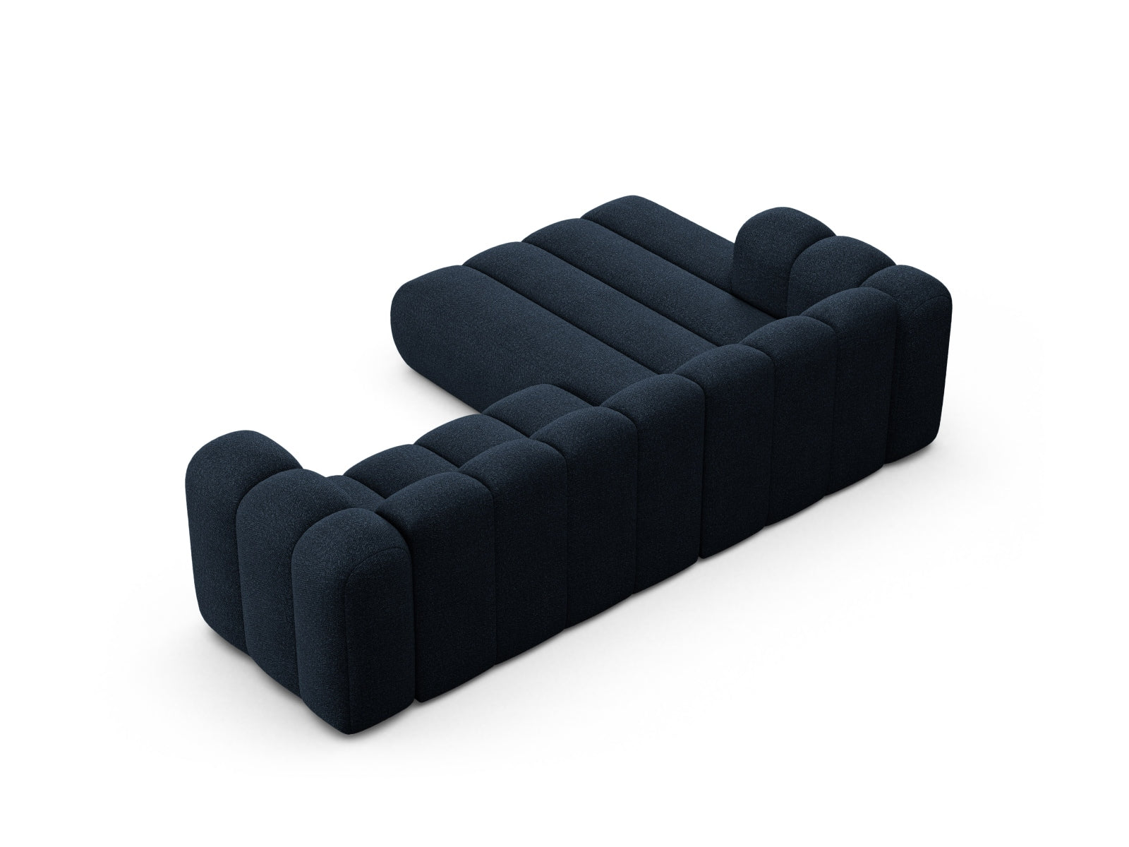 Elegantes, dunkelblaues Ecksofa von Micadoni, Lupine Boucle, für 4 Personen, ideal für stilvolle und einladende Wohnräume.