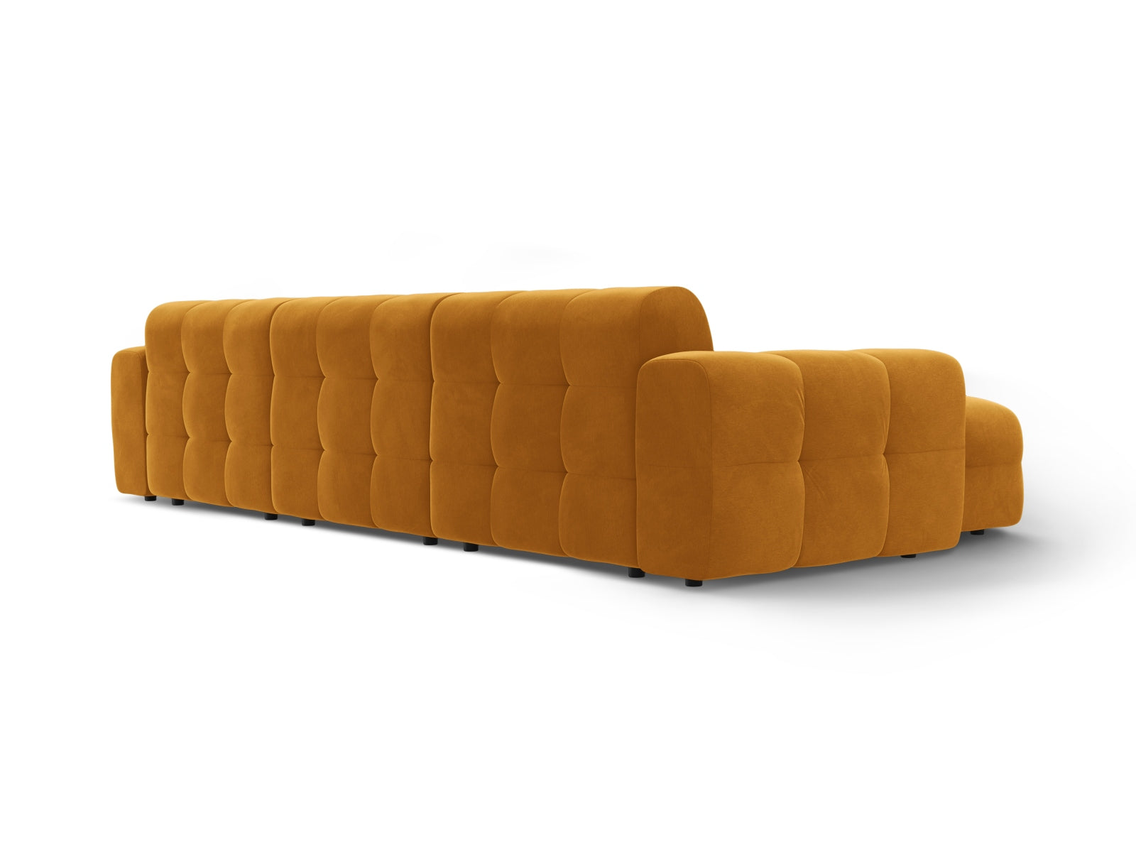 Elegantes Kendal Velour Ecksofa in sanftem Senfgelb, 5-Sitzer mit linksseitiger Armlehne, ideal für stilvolle Wohnzimmergestaltung.