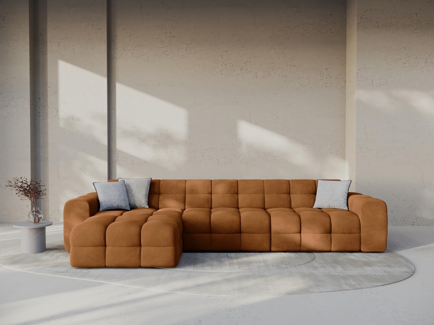 Elegantes Kendal Velour Ecksofa in Camel, 5-Sitzer, linksseitig, ideal für stilvolle Wohnräume, präsentiert von Micadoni.