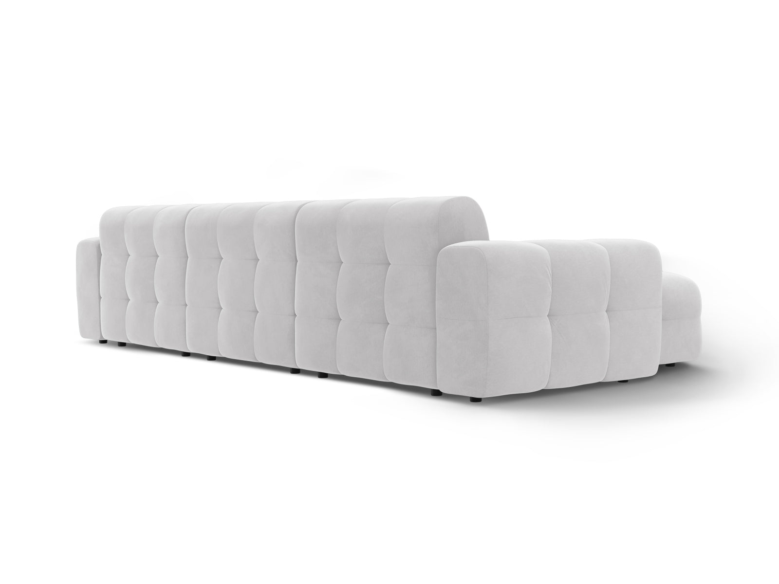 Elegantes Kendal Velour Ecksofa in hellem Grau, 5-Sitzer, linksseitig, ideal für stilvolle und komfortable Wohnräume von Micadoni.
