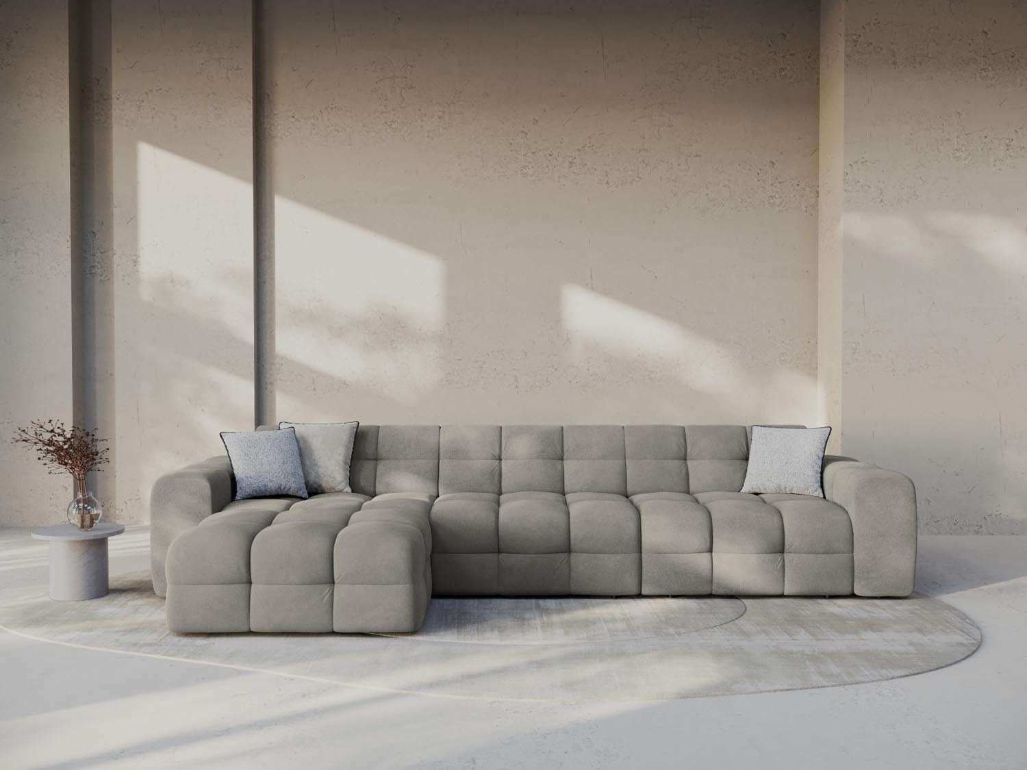 Elegantes Kendal Velour Ecksofa in Dunkelgrau, ideal für stilvolle Wohnräume. Komfortables 5-Sitzer Design von Micadoni.