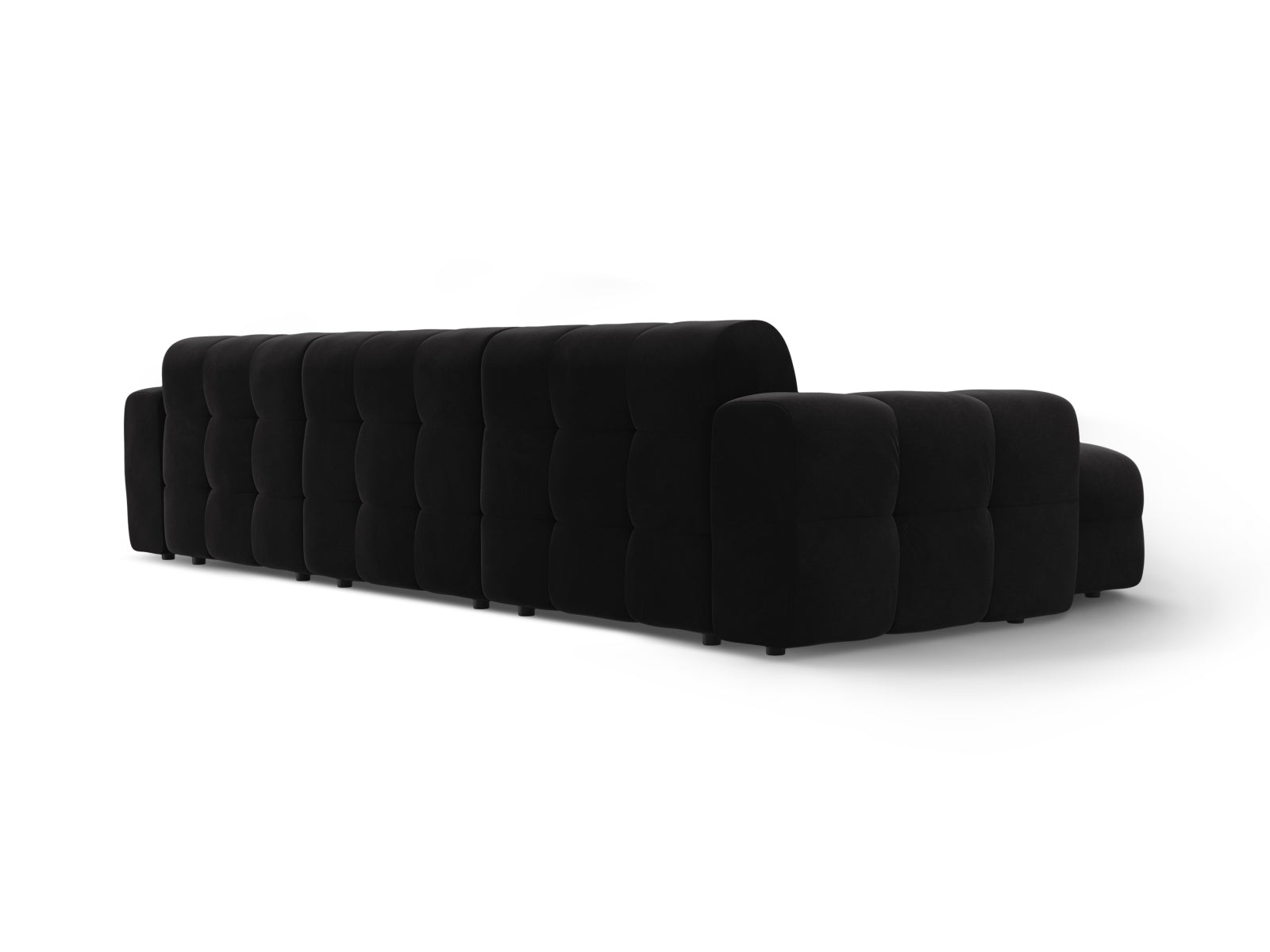 Elegantes Kendal Velour Ecksofa in Schwarz, linksseitig, 5-Sitzer, ideal für stilvolle Wohnräume und entspannte Abende.