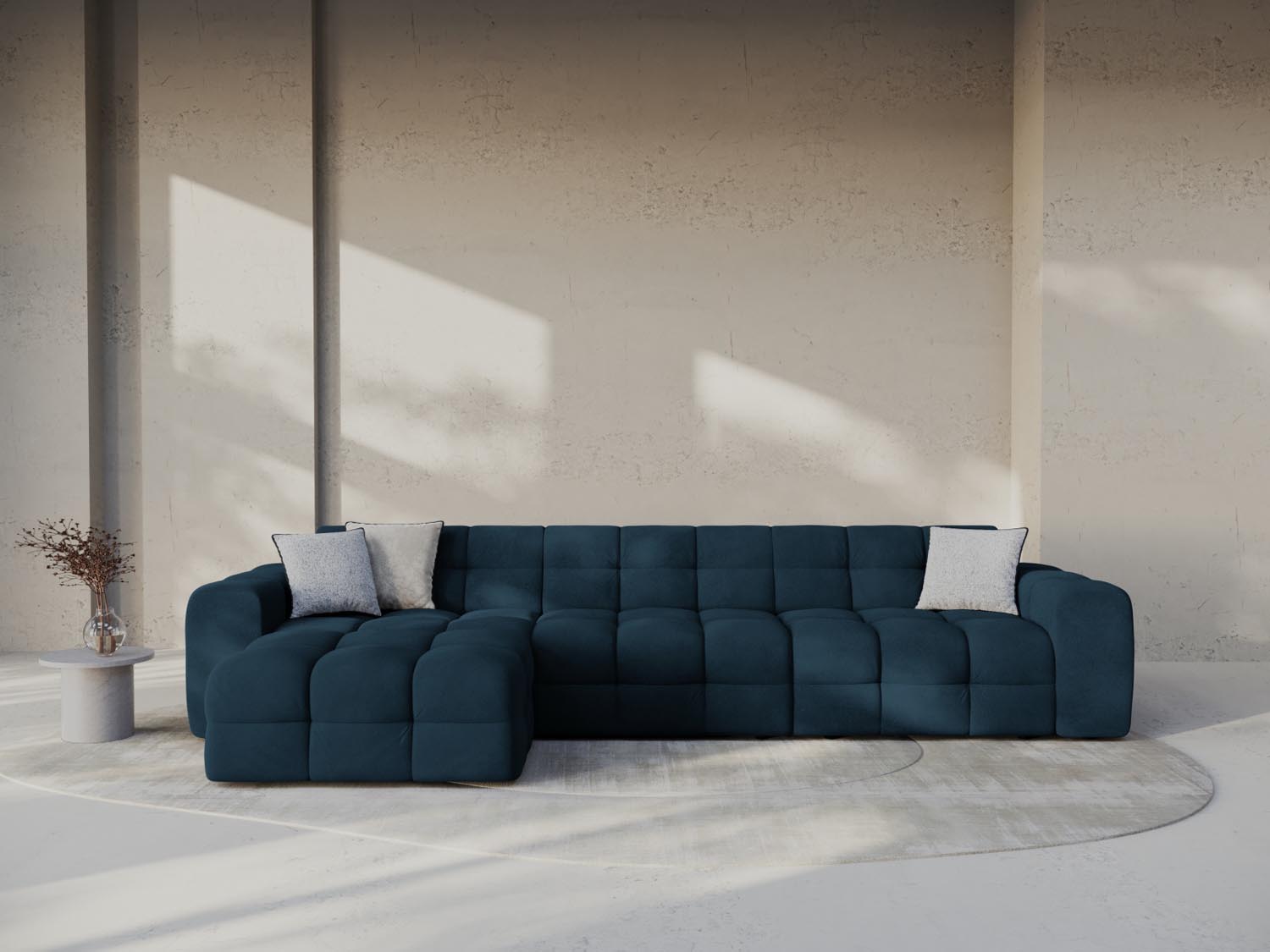 Elegantes Kendal Velour Ecksofa in Navy Blue, 5-Sitzer, linksseitig, ideal für stilvolle Wohnräume, präsentiert von Micadoni.