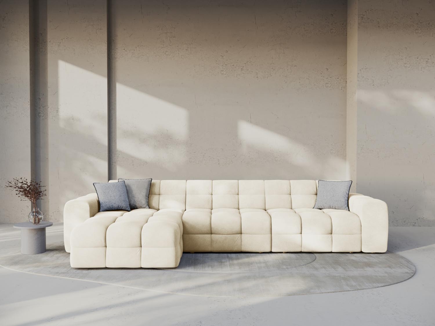 Elegantes Kendal Velour Ecksofa in Ivory, 5-Sitzer, linksseitig, ideal für stilvolle Wohnräume, präsentiert von Micadoni.