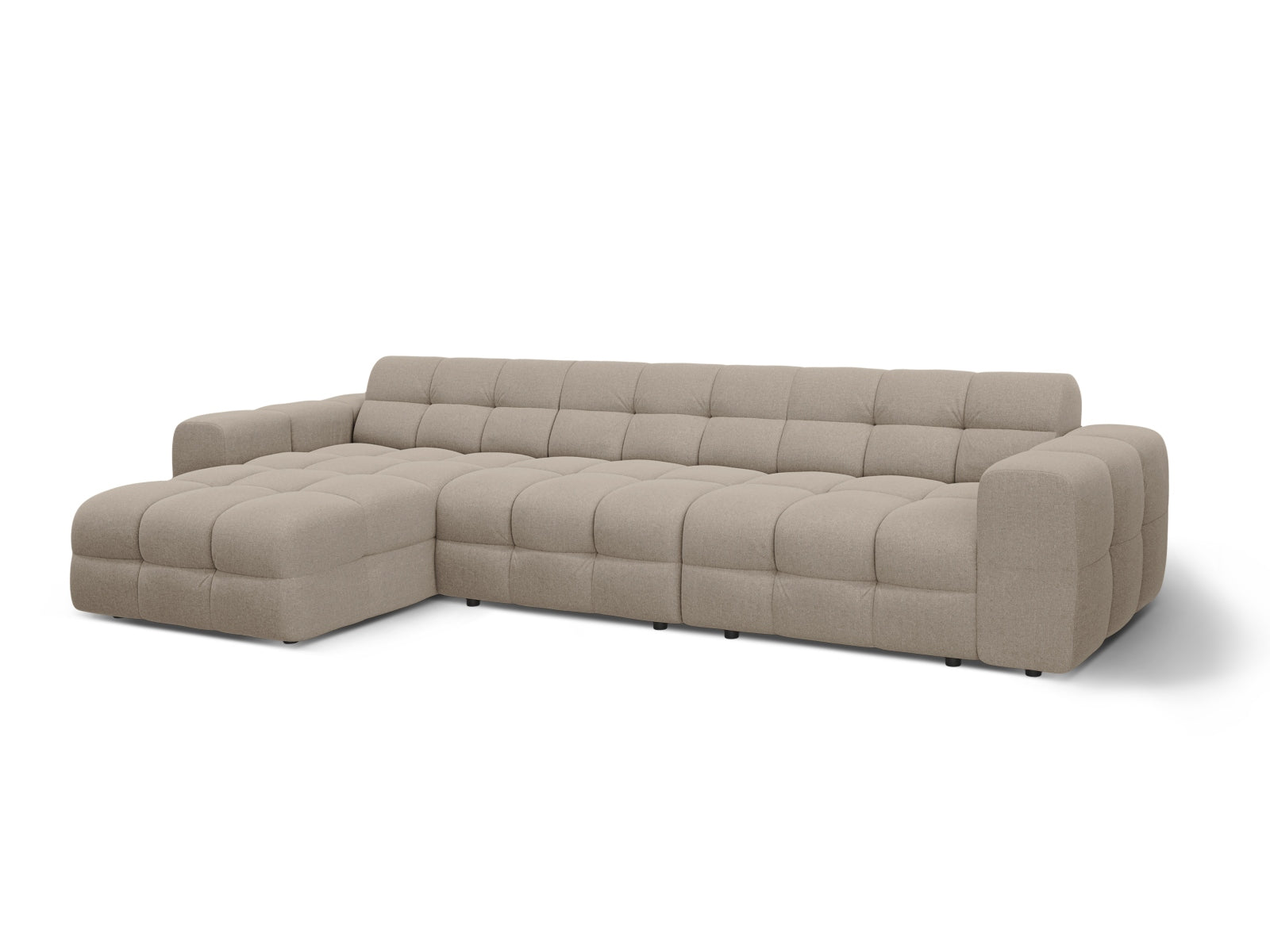 Elegantes Kendal Ecksofa links, 5-Sitzer in stilvollem Dunkelbeige, perfekt für zeitgemäße Wohnkonzepte von Micadoni.