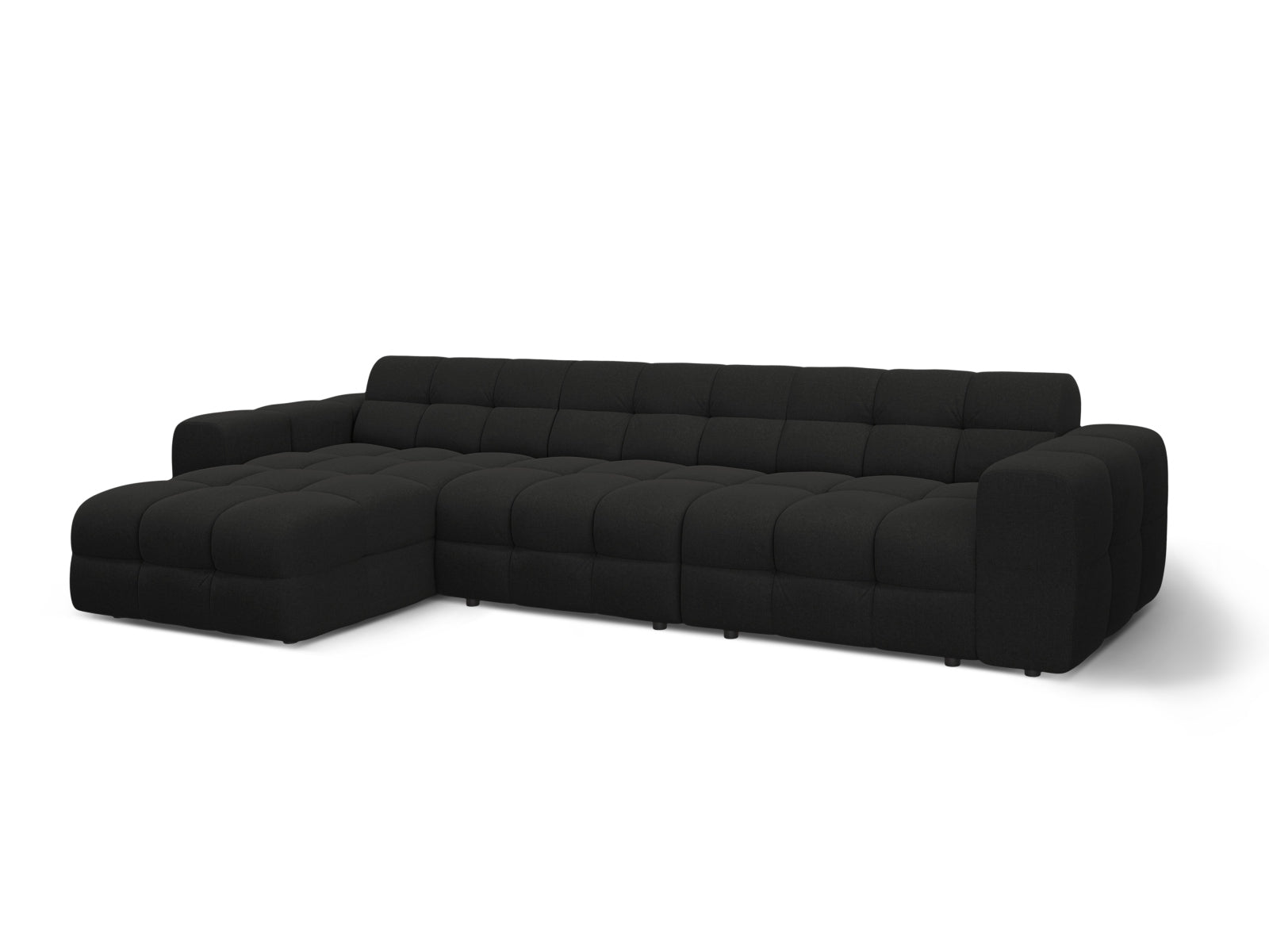 Modernes Kendal Ecksofa links, 5-Sitzer in edlem Schwarz, perfekt für stilvolle Wohnzimmer, angeboten von Micadoni.