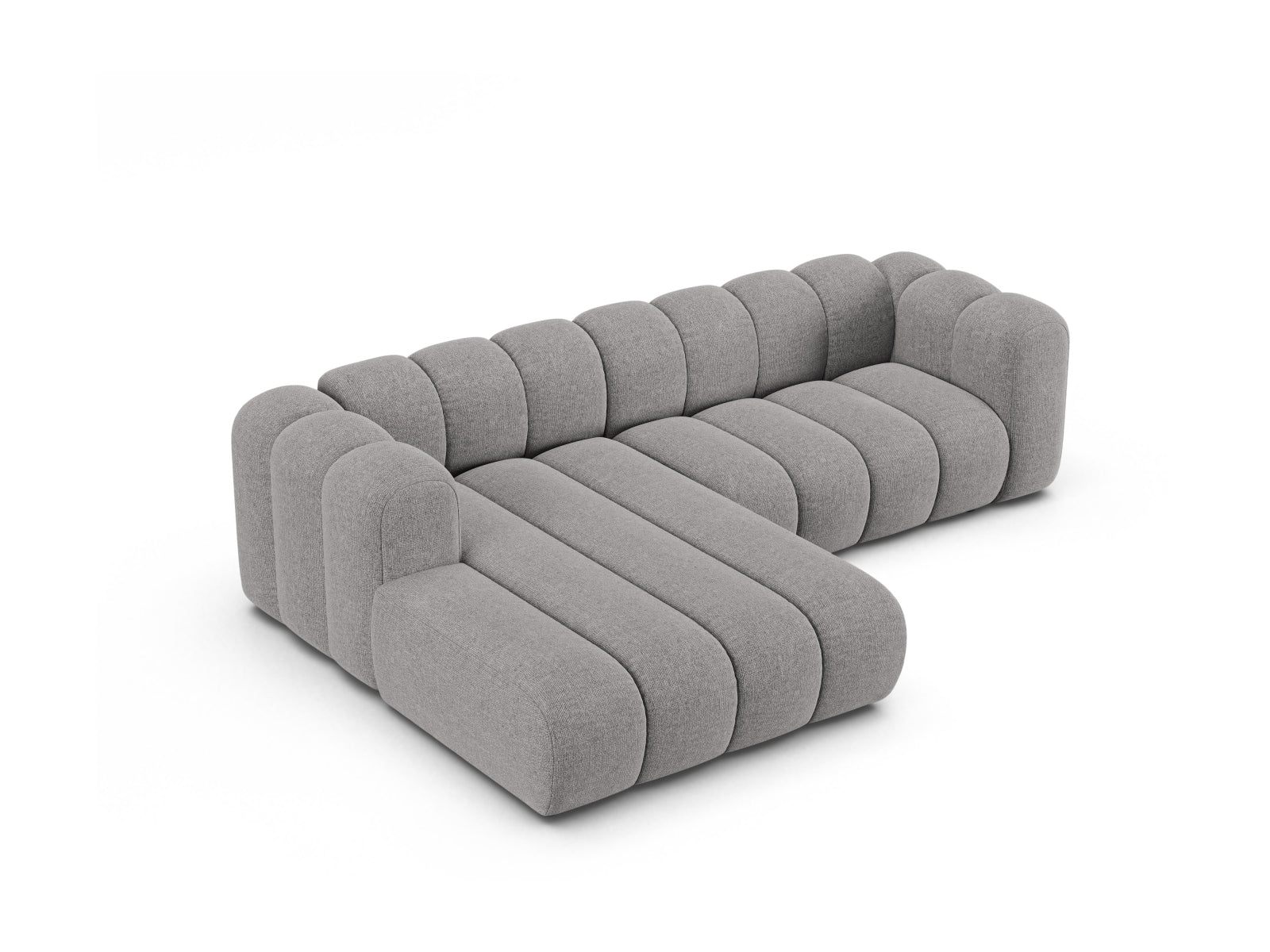 Elegantes, modulares 4-Sitzer Ecksofa links in sanftem Grau von Micadoni, perfekt für stilvolle Wohnzimmer und entspannte Stunden.