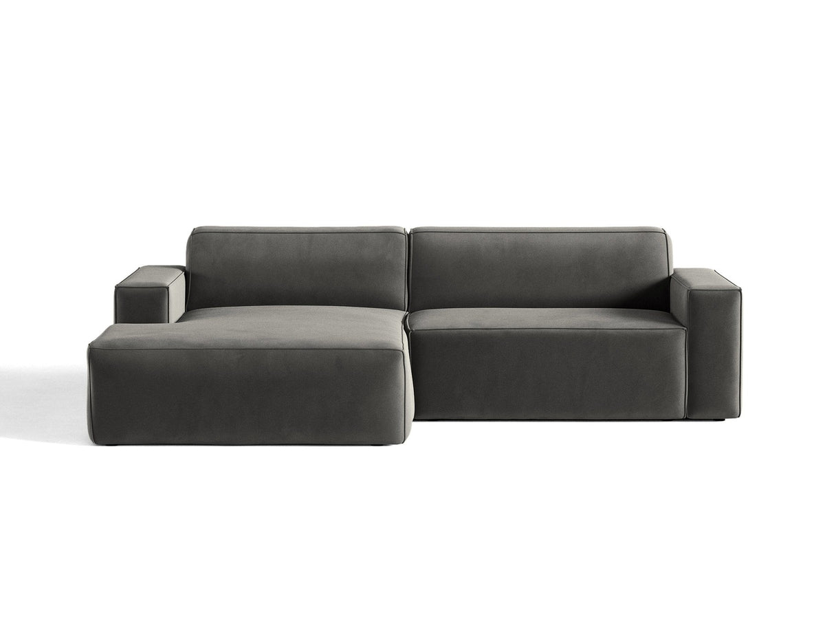 Modulares Ecksofa links Jodie mit Meridienne, Stoffbezug und schwarzen Beinen