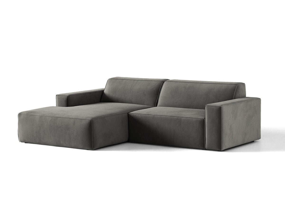 Modulares Ecksofa links Jodie mit Meridienne, Stoffbezug und schwarzen Beinen