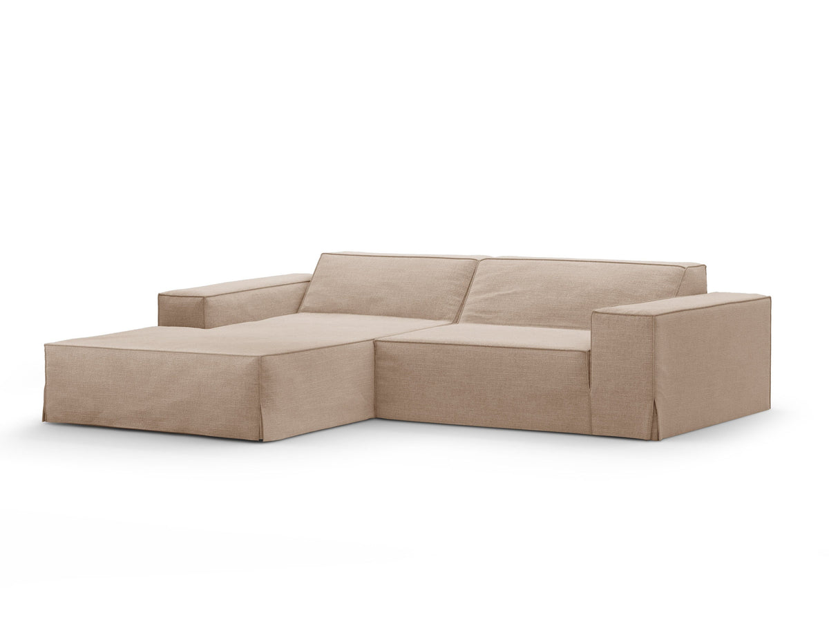 Modulares Ecksofa links Jodie mit Meridienne, Stoffbezug und schwarzen Beinen