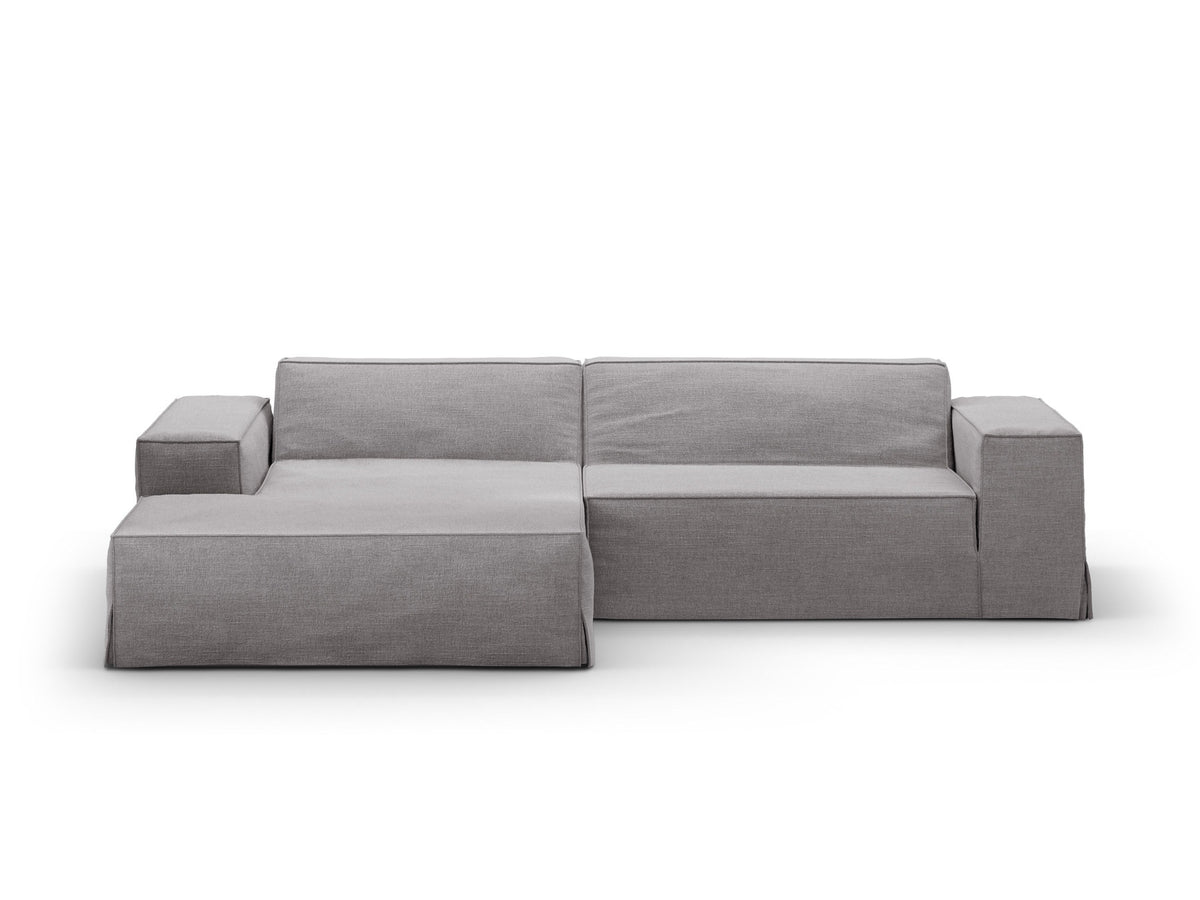 Modulares Ecksofa links Jodie mit Meridienne, Stoffbezug und schwarzen Beinen