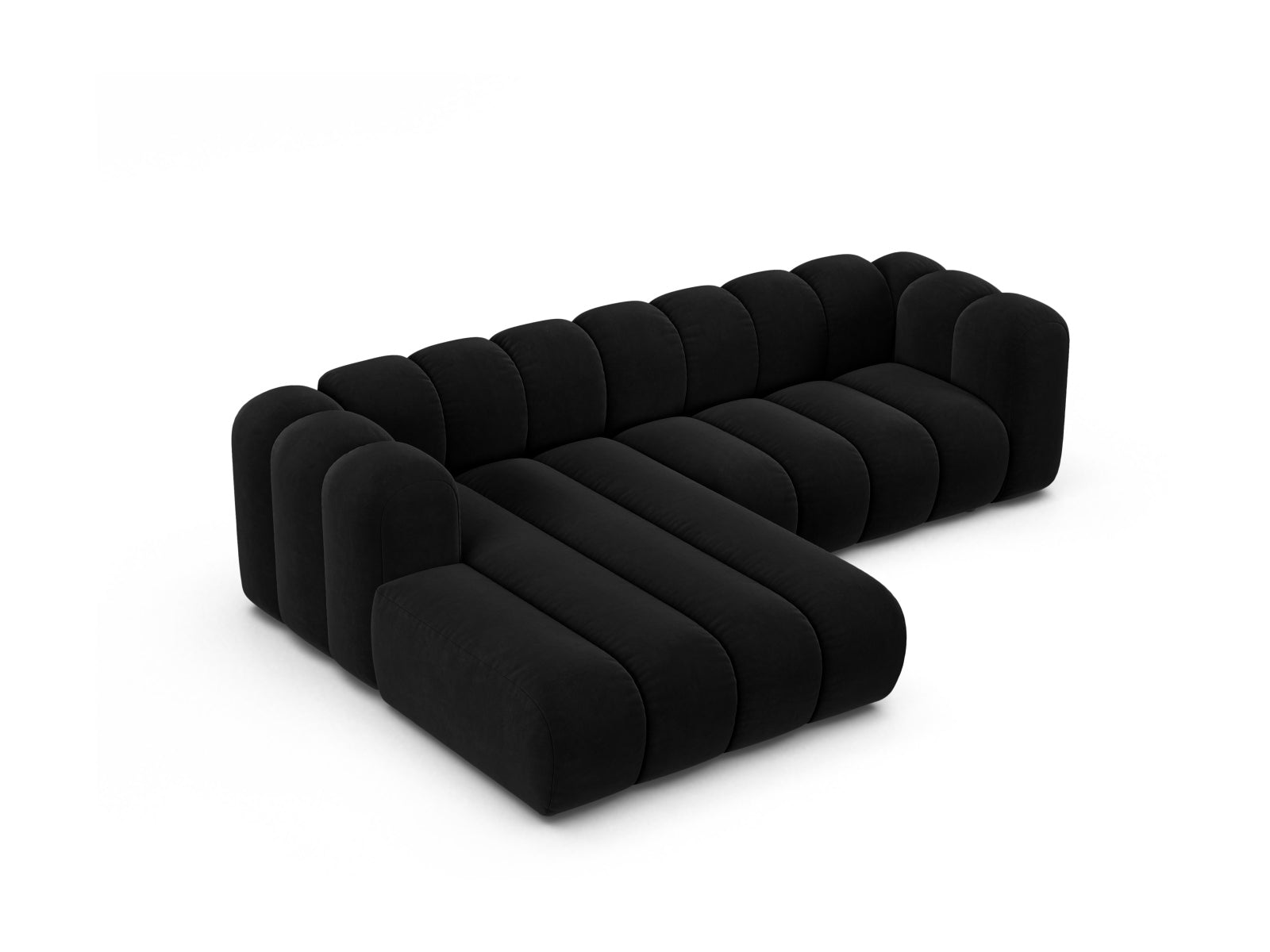 Luxuriöses 4-Sitzer Ecksofa im Veloursdesign, linksseitig, in edlem Schwarz, perfekt für zeitgemäße Wohnkonzepte von Micadoni.