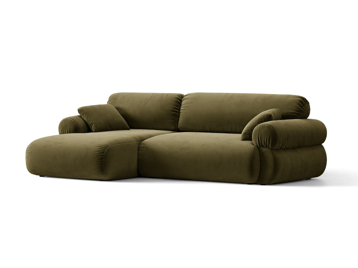 Beiges L-Sofa Ophelia von Micadoni mit Liberty-Stoffbezug, schwarzen Kunststoffbeinen und tiefer Sitzfläche, Ausrichtung links, in modernem Wohnraum.