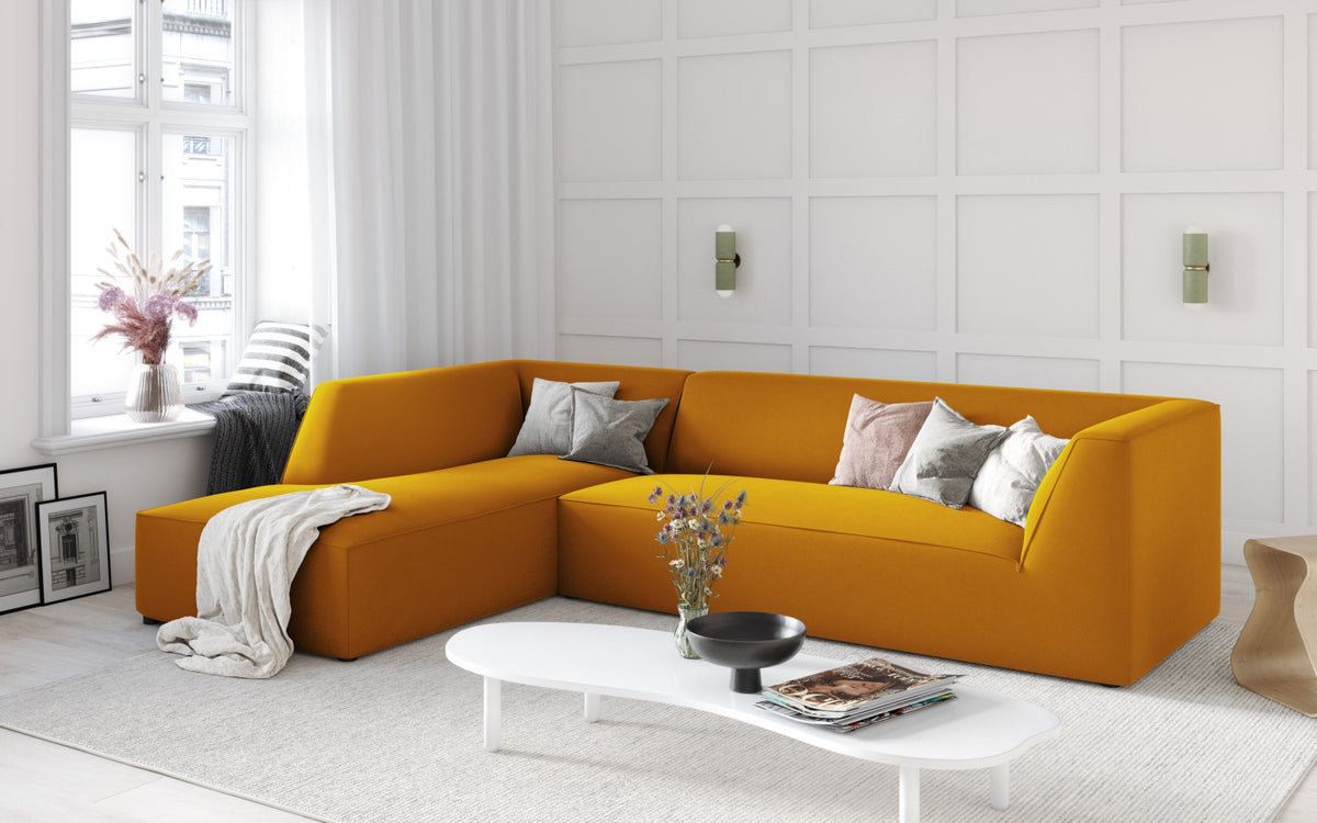 Ruby Velour modulares Ecksofa links 4 Sitzer in Yellow-Salvador präsentiert im Onlineshop von KAQTU Design AG. Ecksofa links ist von Micadoni